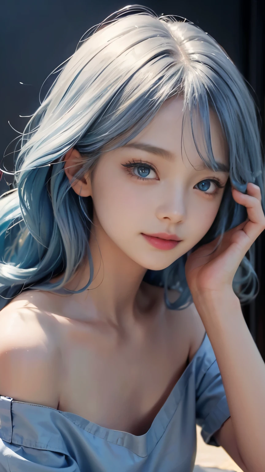 1 6 year old girl,child,happy grin,Cute little girl skin color,blue eyes,blue hair,curls、semi long hair,flat chest,Cute pink lips,Wear off-the-shoulder shirts,Realistic illustration of her face,Finger realistic,Fascinating sketches,Smooth and shiny,Hazy,super blanket style,School background--ar 1:1--Niji 5--Stylistic expression--S 50,No makeup,Super cute without makeup