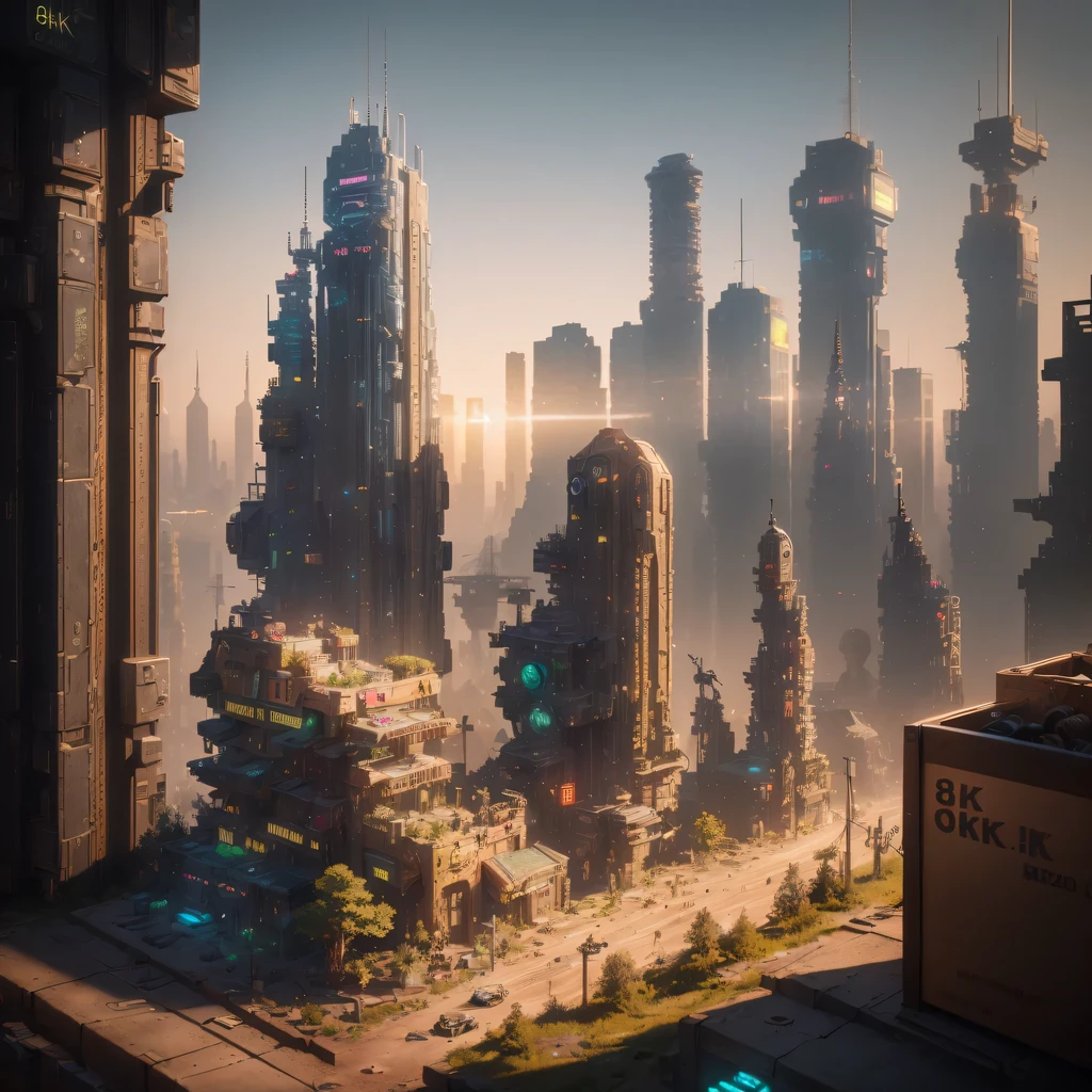 small realistic model, (8k, original photo, best quality, masterpiece:1.4),Steampunk Cyberpunk City,(Cyberpunk light:1.3),on the table,horizon (related to land),(in a small nature box:1.3),Isometric, small nature, landscape on foundation,landscape,