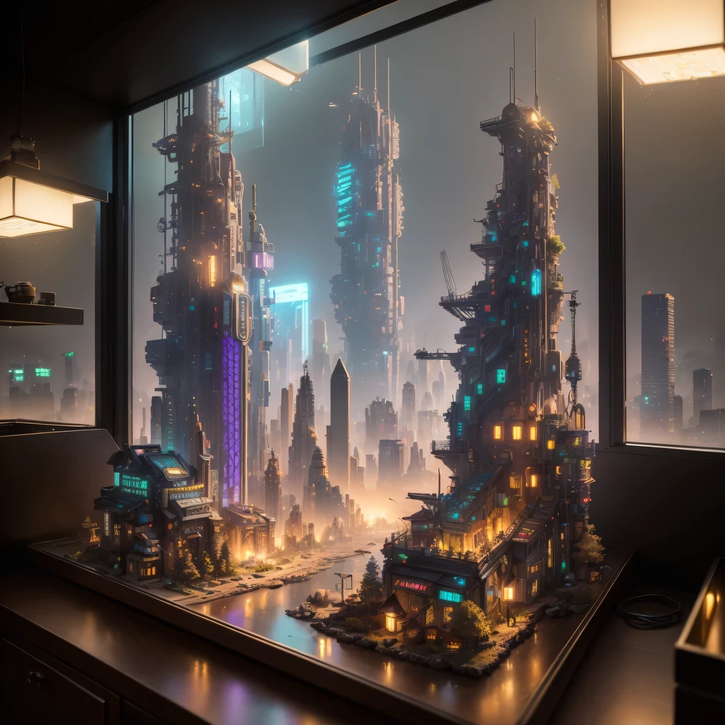 small realistic model, (8k, original photo, best quality, masterpiece:1.4),Steampunk Cyberpunk City,(Cyberpunk light:1.3),on the table,horizon (related to land),(in a small nature box:1.3),Isometric, small nature, landscape on foundation,landscape,