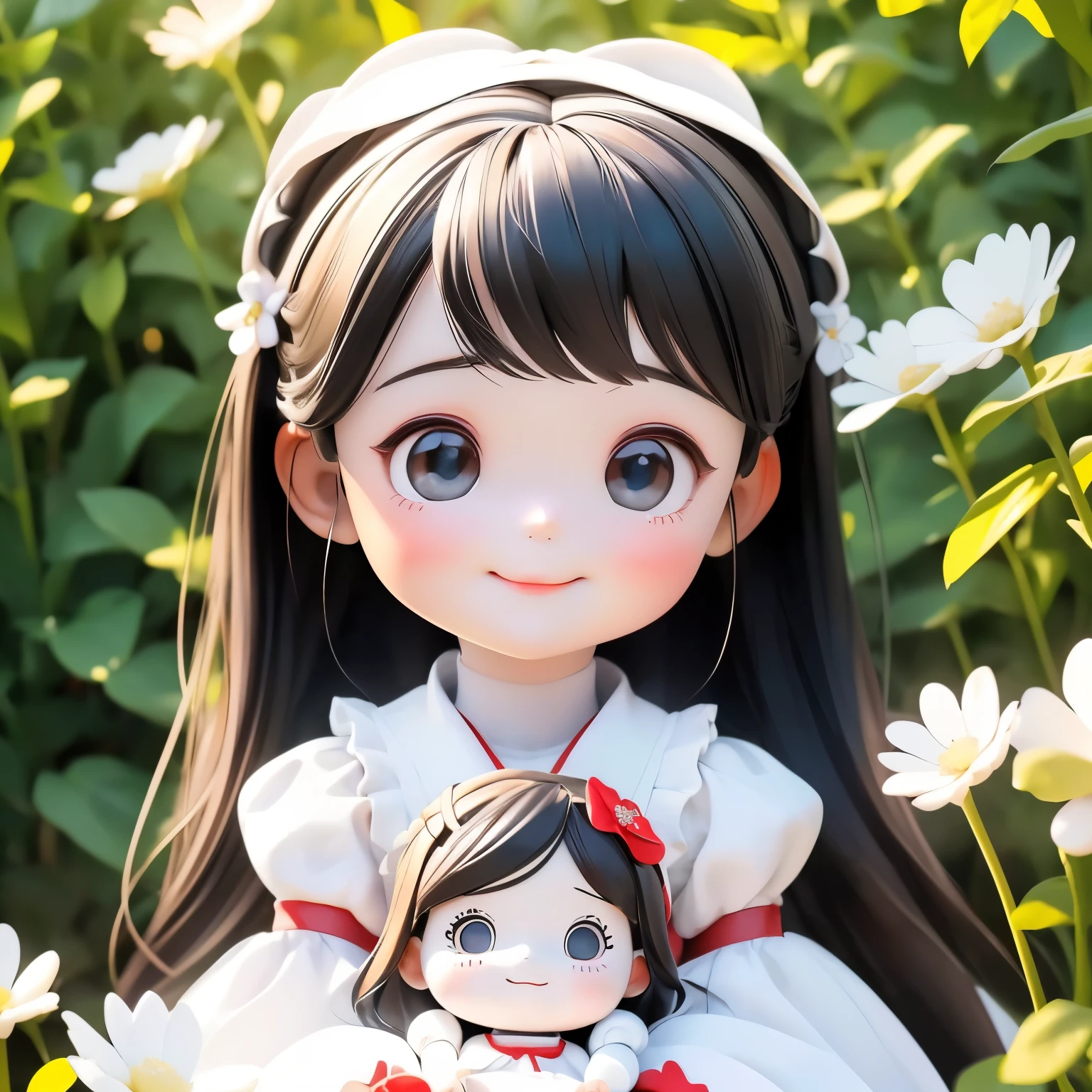 Photoreal、((Use white, black, and red))、doll、((dollの柔らかさを強調))、smile、In a cute pose、look up、look up、put your hands out in front of you、There are flowers in the front too...、wear cute shoes、season!!: summer ☀ 🍂