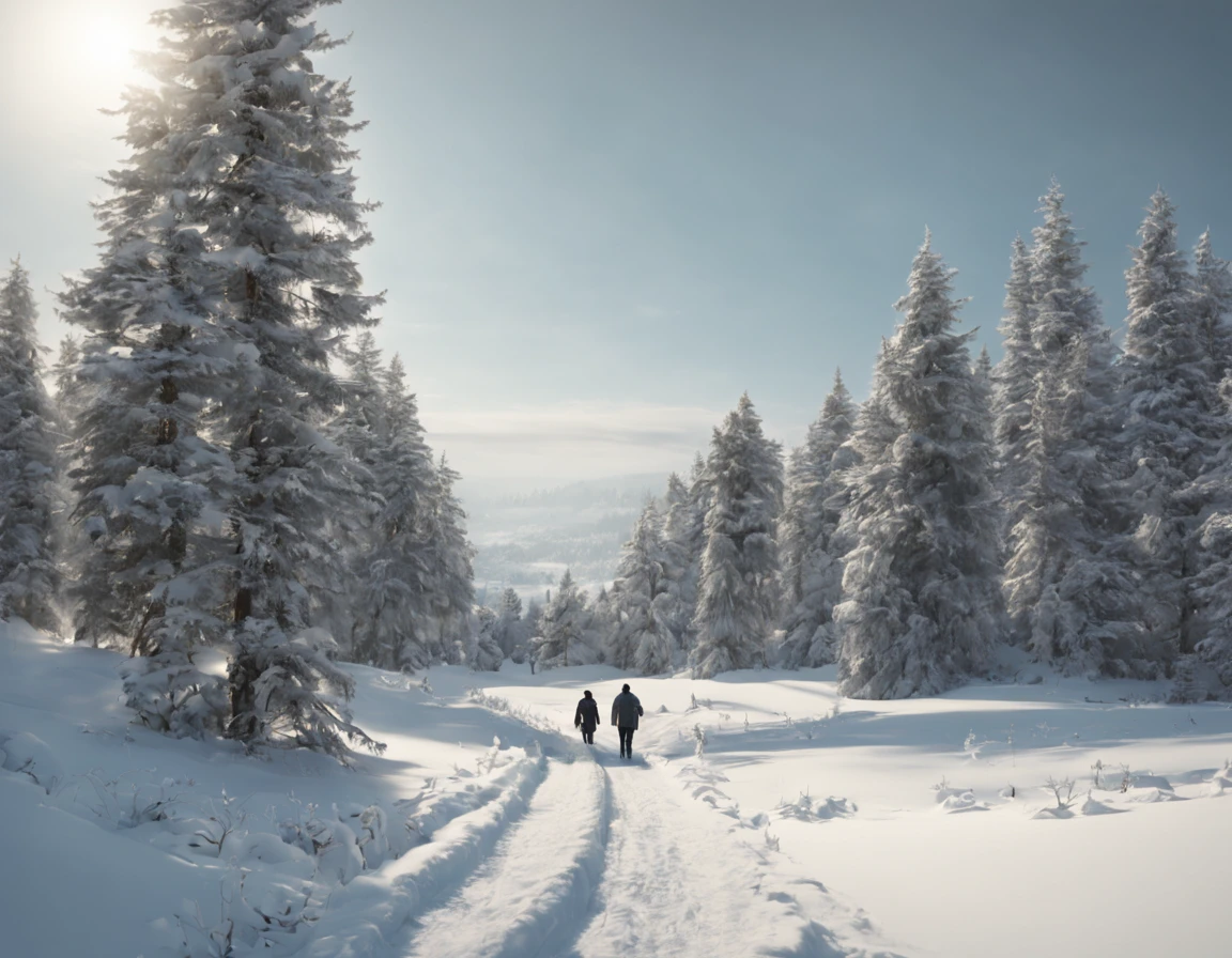 Path in snowy grove, people walking, snowy coniferous trees, distant view, 4k quality.