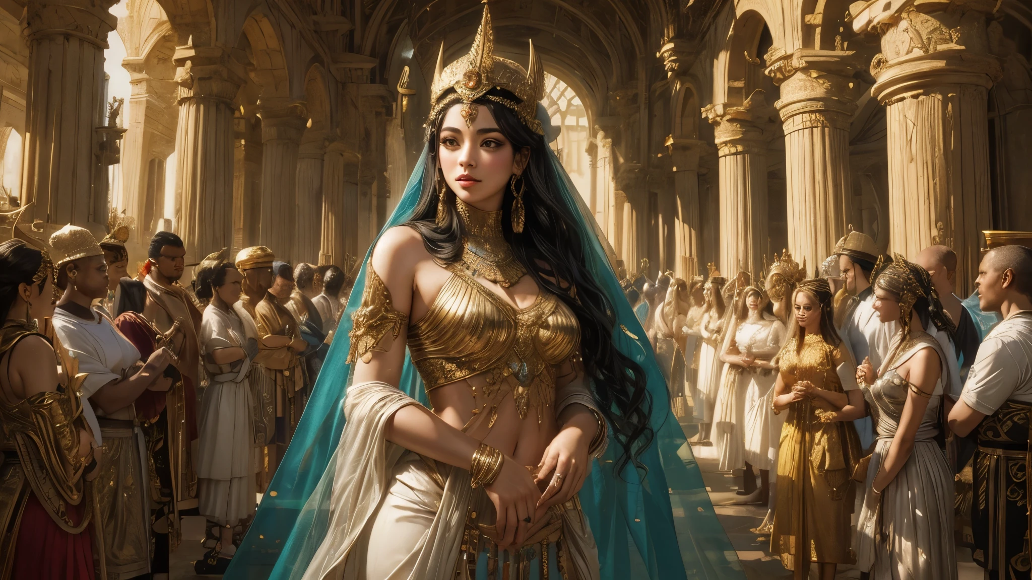 (1 garota, sozinha), An Egyptian goddess, roupas complexas e detalhadas, beautiful and very detailed scenery, obra de arte realista e muito detalhada
