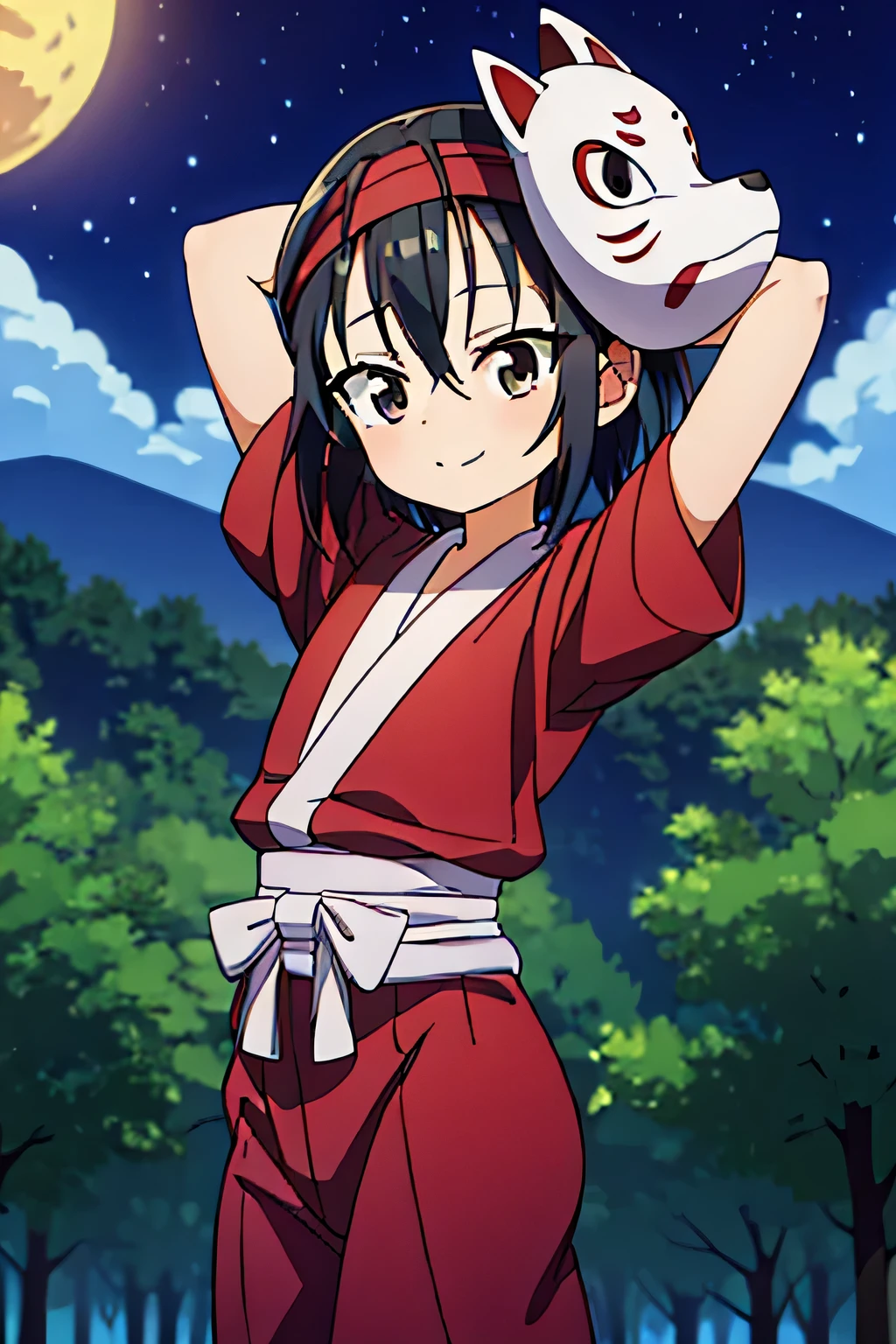 kunoichi_rindou, brown eyes, black hair, short hair, red kimono, short sleeves, red headband, fox mask, mask on head,  anime, closed mouth, solo, cowboy shot, night sky, forest, {arms behind head}, contrapposto, shy smile, spread armpits
