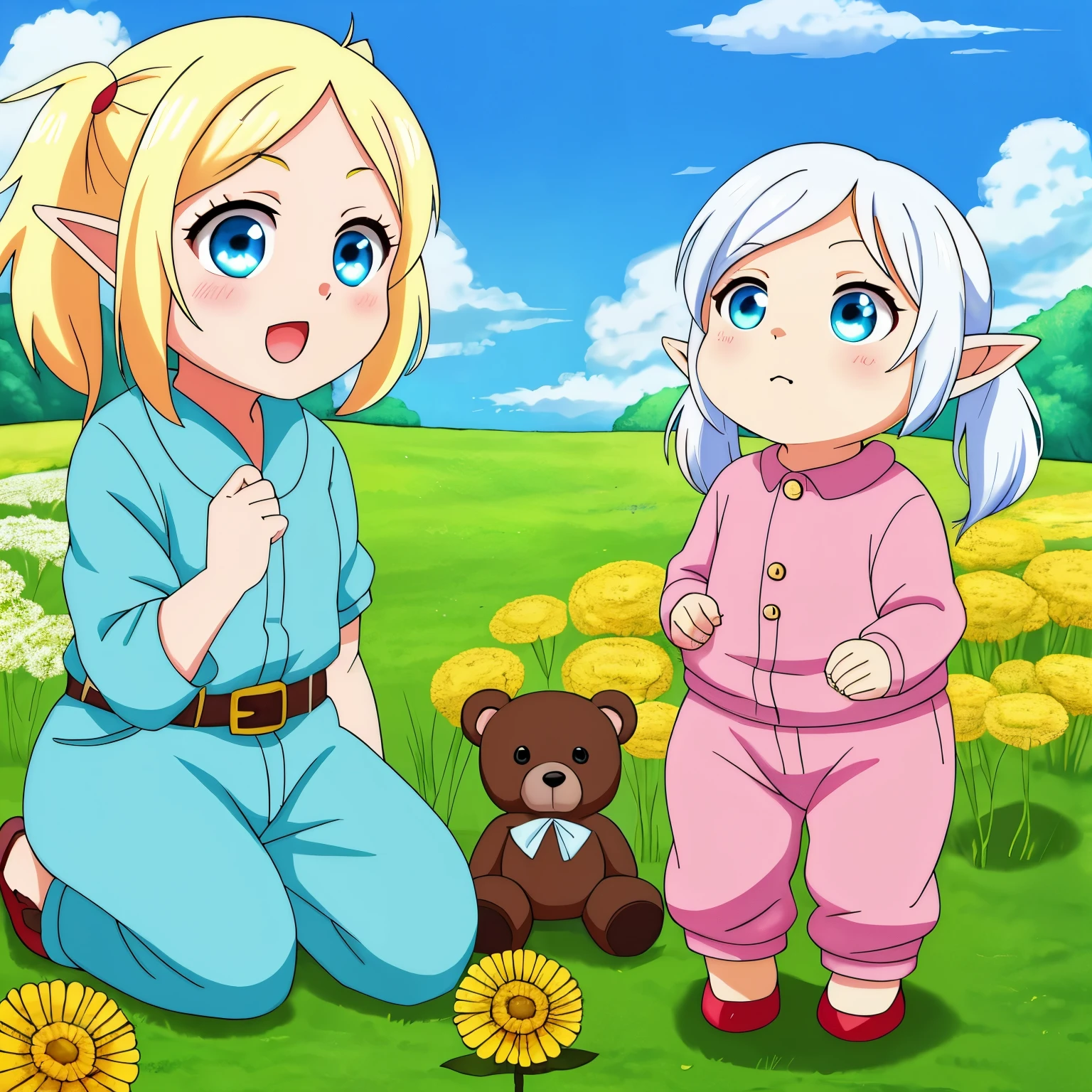 (high-quality, breathtaking),(expressive eyes, perfect face) 1girl, female, newborn baby, pointed ears like an elf, white hair, medium fluffy hair, cute pigtails, teddy bear, age 5 months, baby in the grass, dandelions, flowers, sky background, clothes blue jumpsuit, demon slayer art style