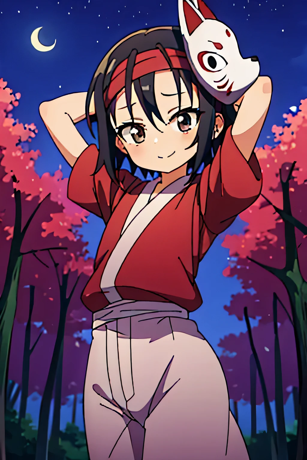 kunoichi_rindou, brown eyes, black hair, short hair, red kimono, short sleeves, red headband, fox mask, mask on head,  anime, closed mouth, solo, cowboy shot, night sky, forest, {arms behind head}, contrapposto, shy smile, spread armpits
