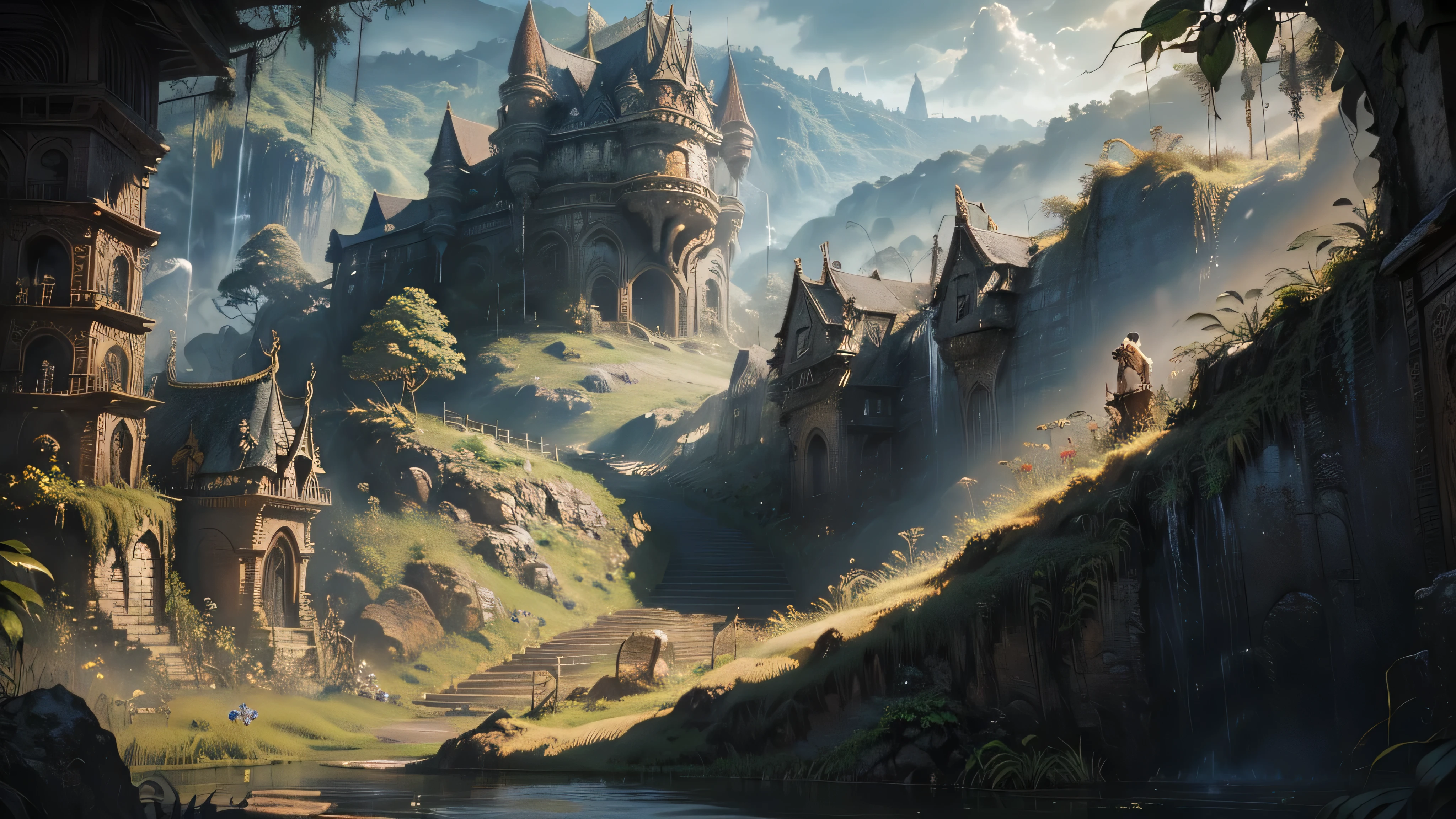 There is a waterfall in the middle of a tropical jungle, bela fantasia detalhada, fantasia altamente detalhada, fantasy scenic, arte digital de fantasia detalhada, Arte digital de fantasia 2D, arte digital detalhada de fantasia 2D, impressive paisagem de fantasia, fantasy pictorial style, arte estilo fantasia, medieval paisagem de fantasia, paisagem de fantasia, realistic fantasy illustration, Arte de fantasia 4k, cidade de fantasia