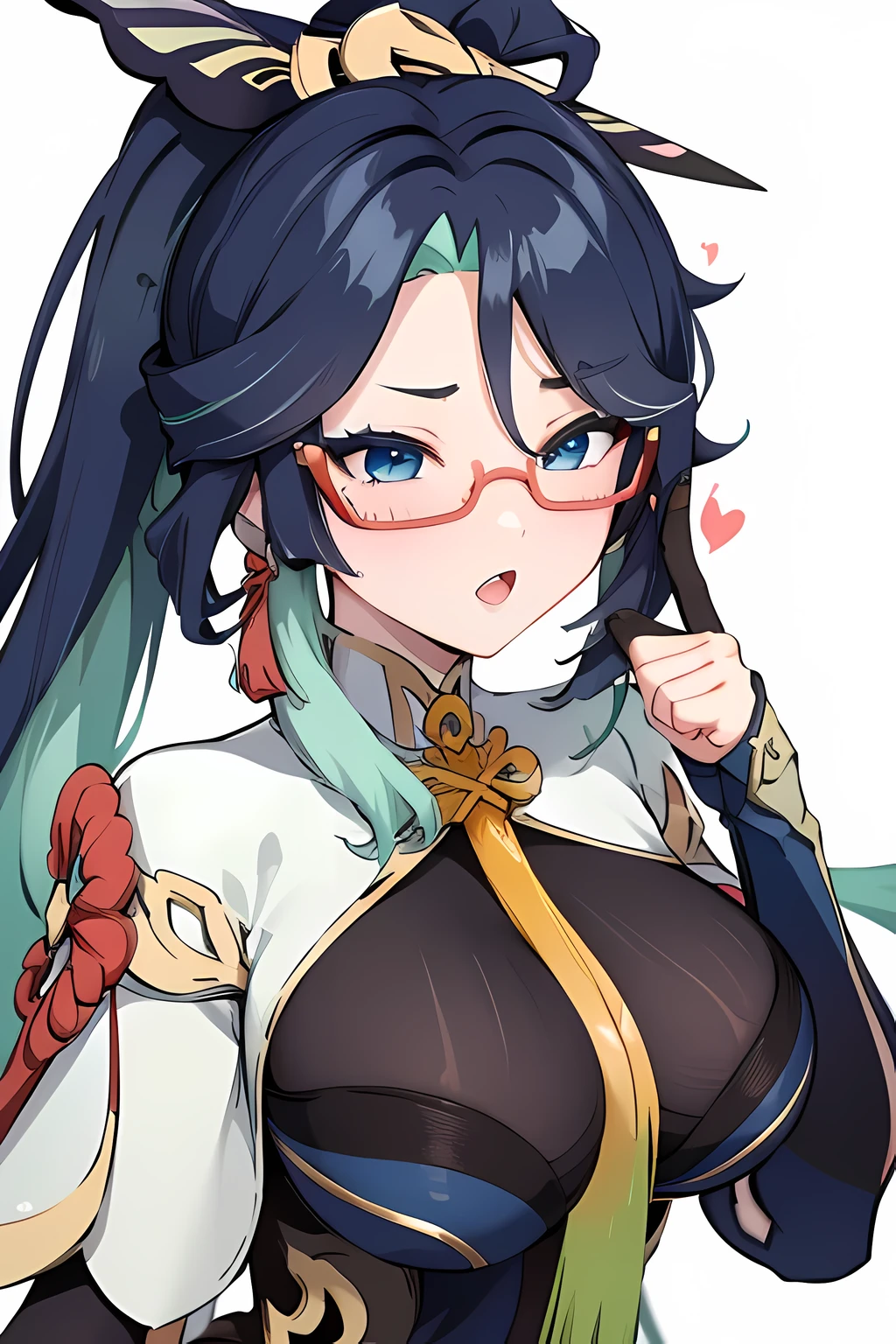 xianyun from genshin impact, wearing red glasses, ahegao seductive hentai expression with tongue out, huge breast ,seductive sexy pose, sit down, high quality image resolution, white background