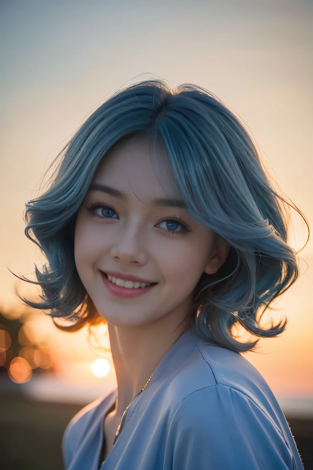 masterpiece，best quality，stills，1girl，Cloud Girl，Smiled brightly，blue eyes，blue hair，curls、semi long hair，floating in the sky，close up，bright，hapiness，Warm and soft lighting，Sunset，（spark：0.7）