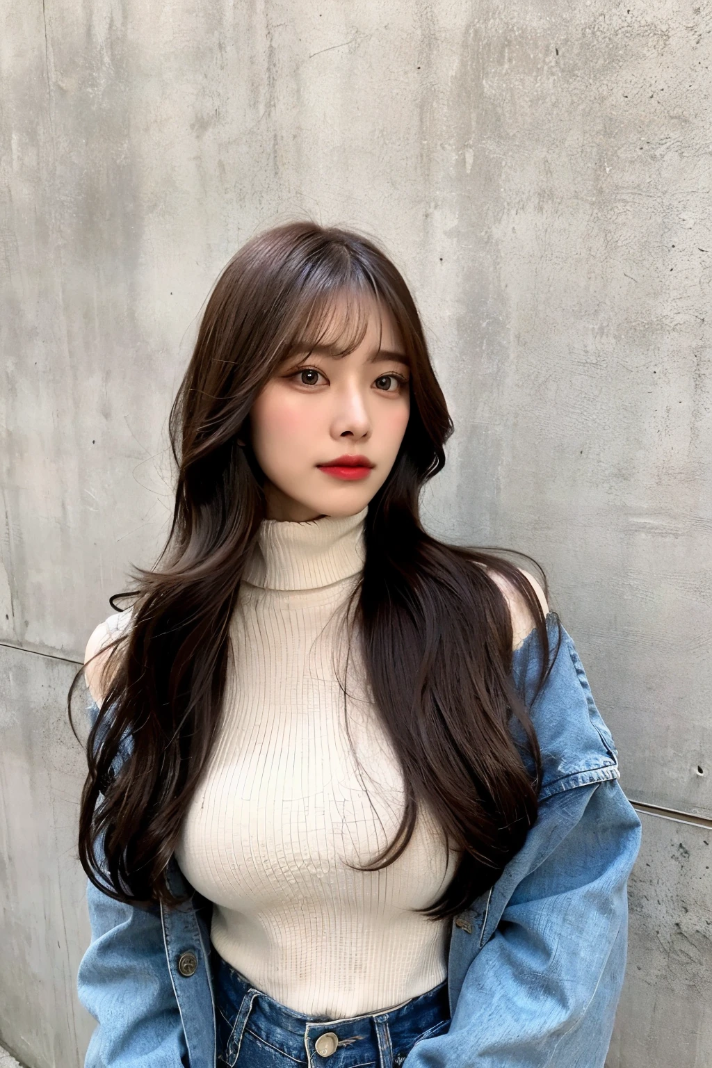 top quality, 1beautiful women, age 28, S, 35mm lens,, cowboy shot, concrete background、mortar style background、Violet turtleneck knit、Light brown、mortar style wall,from below、straight hair、straight hair、shiny hair,silky hair、dark denim jacket