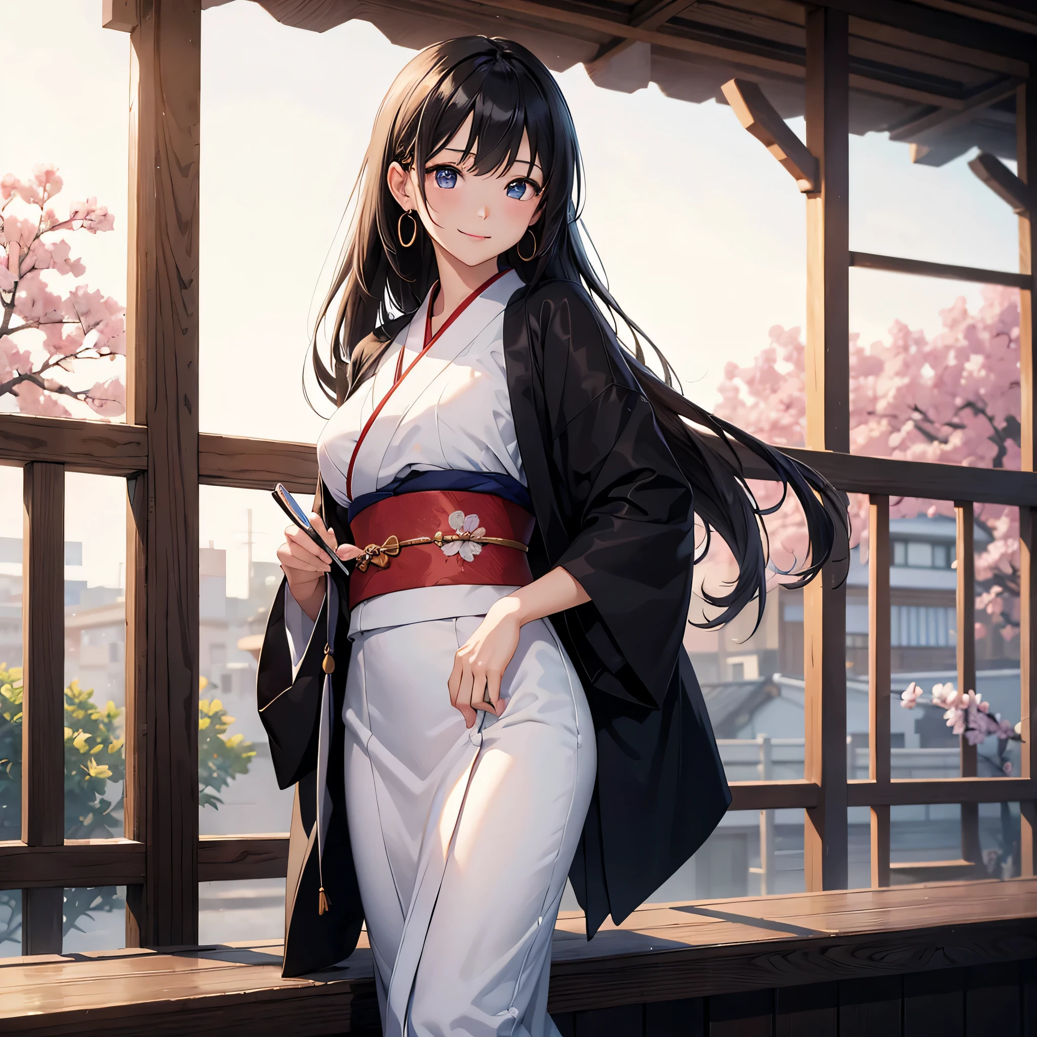 One super beautiful woman、((highest quality、8K masterpiece:1.3))、sharp focus:1.2、(super beautiful face:1.0)、(shiny skin:1.0)、realistic pictures、black hair、video writing、High resolution eyes and face、The front side of the middle breasts of Japanese idol actresses、shy smile、The beauty of slender abs、whole body、wearing a suit、、wearing a kimono、luxury obi、At work