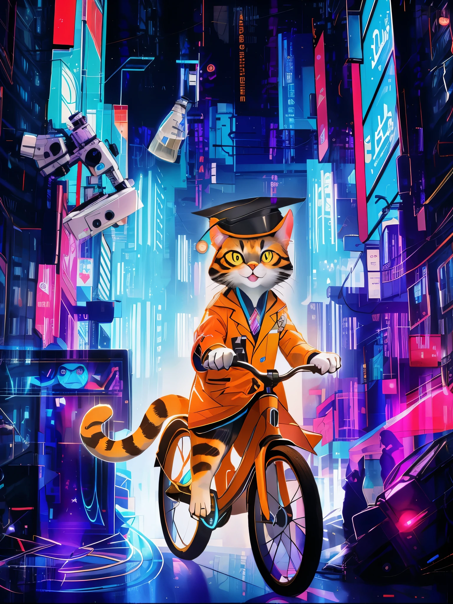 Masterpiece,exquisite,8k,1 cat,cute, dr cat, happy, eyes looking ahead, doctor in white coat, science, pretty | black | blue hair,exquisite makeup,slogan,eye shadow,eyeliner,laser top,laser skirt,Cyberpunk,neon light blue shining, technology street, opmies microscope with a doctor, streets, open your mouth and laugh, white clothes