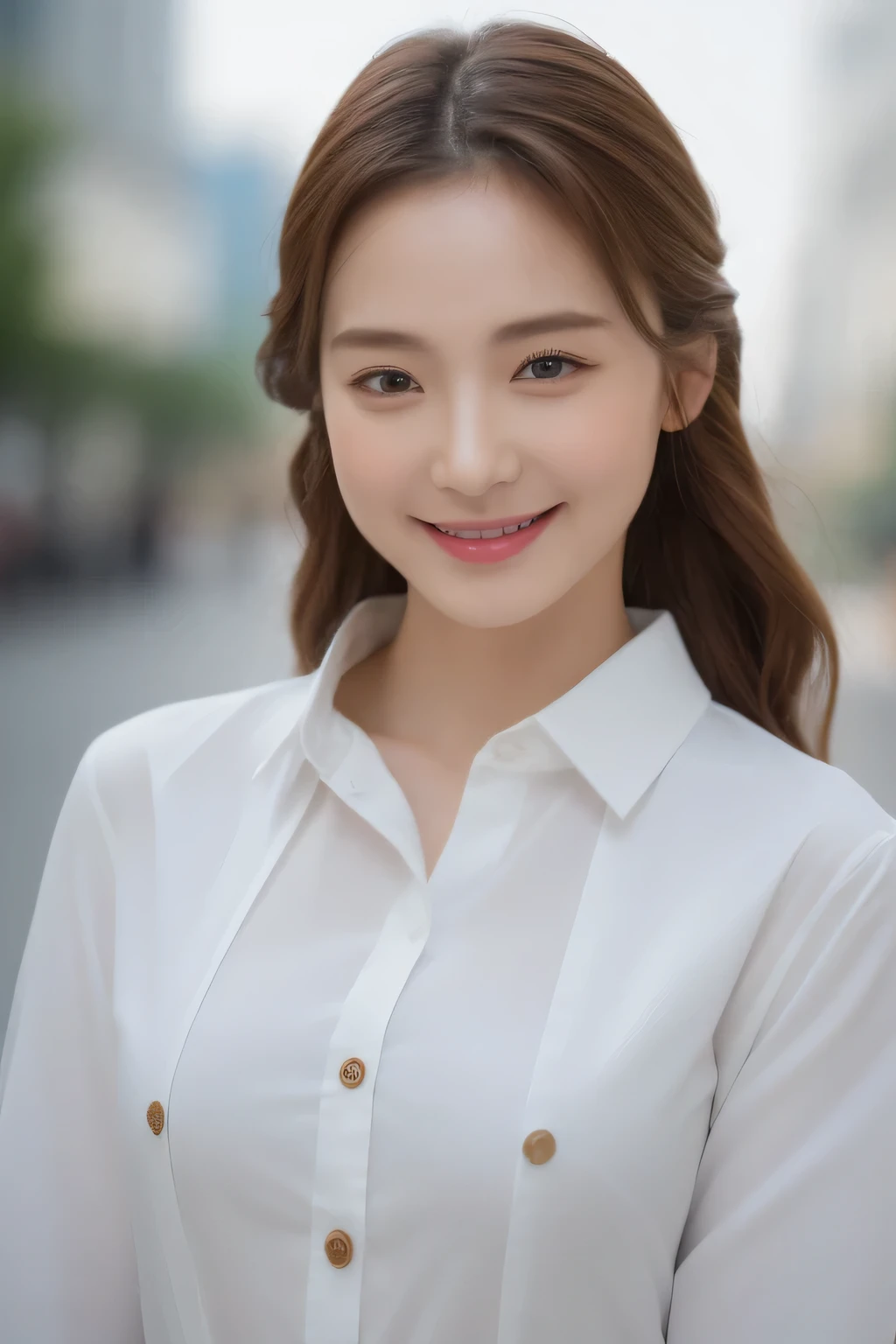 ((highest quality, 8K, masterpiece: 1.3)), sharp focus: 1.2, 完璧なbody型を持つ美しい女性: 1.4, slim abs: 1.2, (layered hairstyles,: 1.2)), (Long shirt with white buttons: 1.3), rain: 1.3, street: 1.2, body: 1.1, Highly detailed face and skin texture, fine eyes, double eyelid, big breasts, smile,