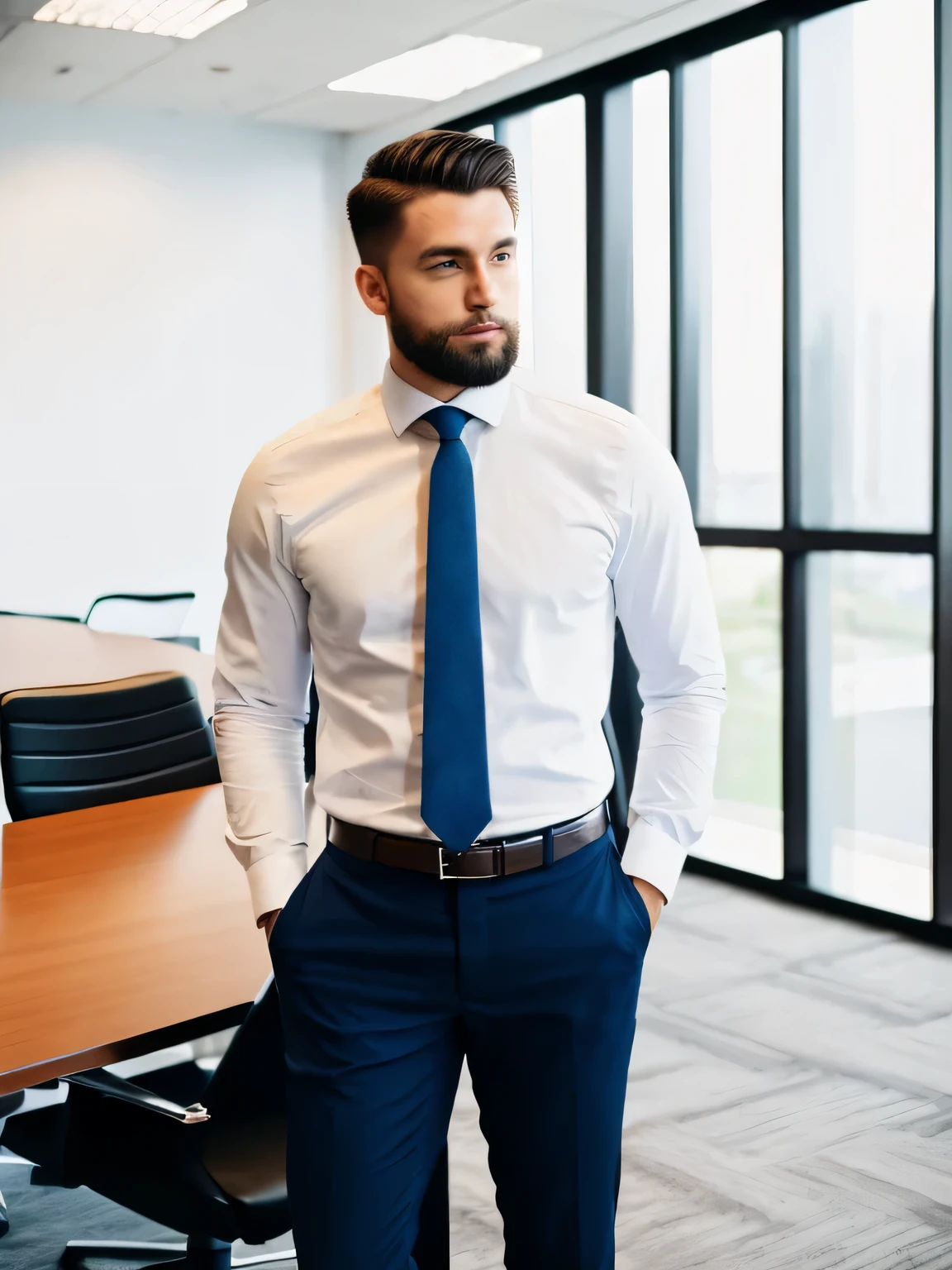 full body portrait of a short handsome man in his 20s, athletic build. side swept undercut hairstyle, short beard, facilitating a meeting in the conference room, realistic skin