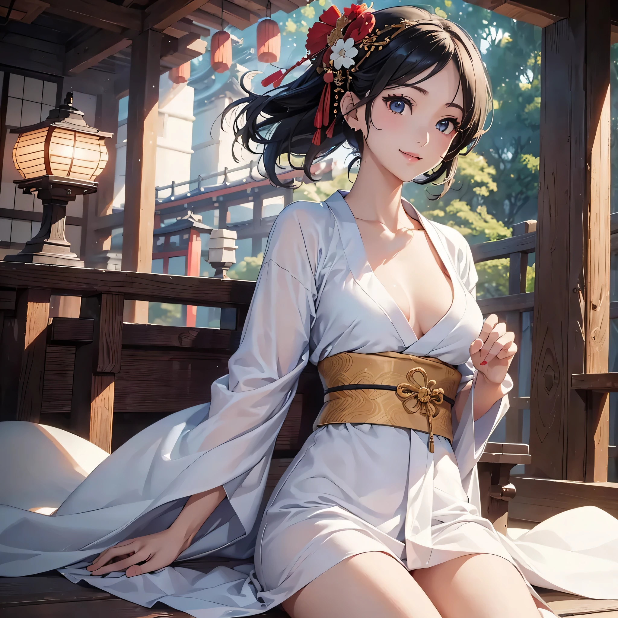 one beautiful woman、((highest quality、8K masterpiece:1.3))、sharp focus:1.2、(super beautiful face:1.0)、(shiny skin:1.0)、realistic pictures、black hair、video writing、High resolution eyes and face、video writing、japanese actress、from the front、Medium chest、shy smile、The beauty of slender abs、whole body、kimono、 obiAt the shrine