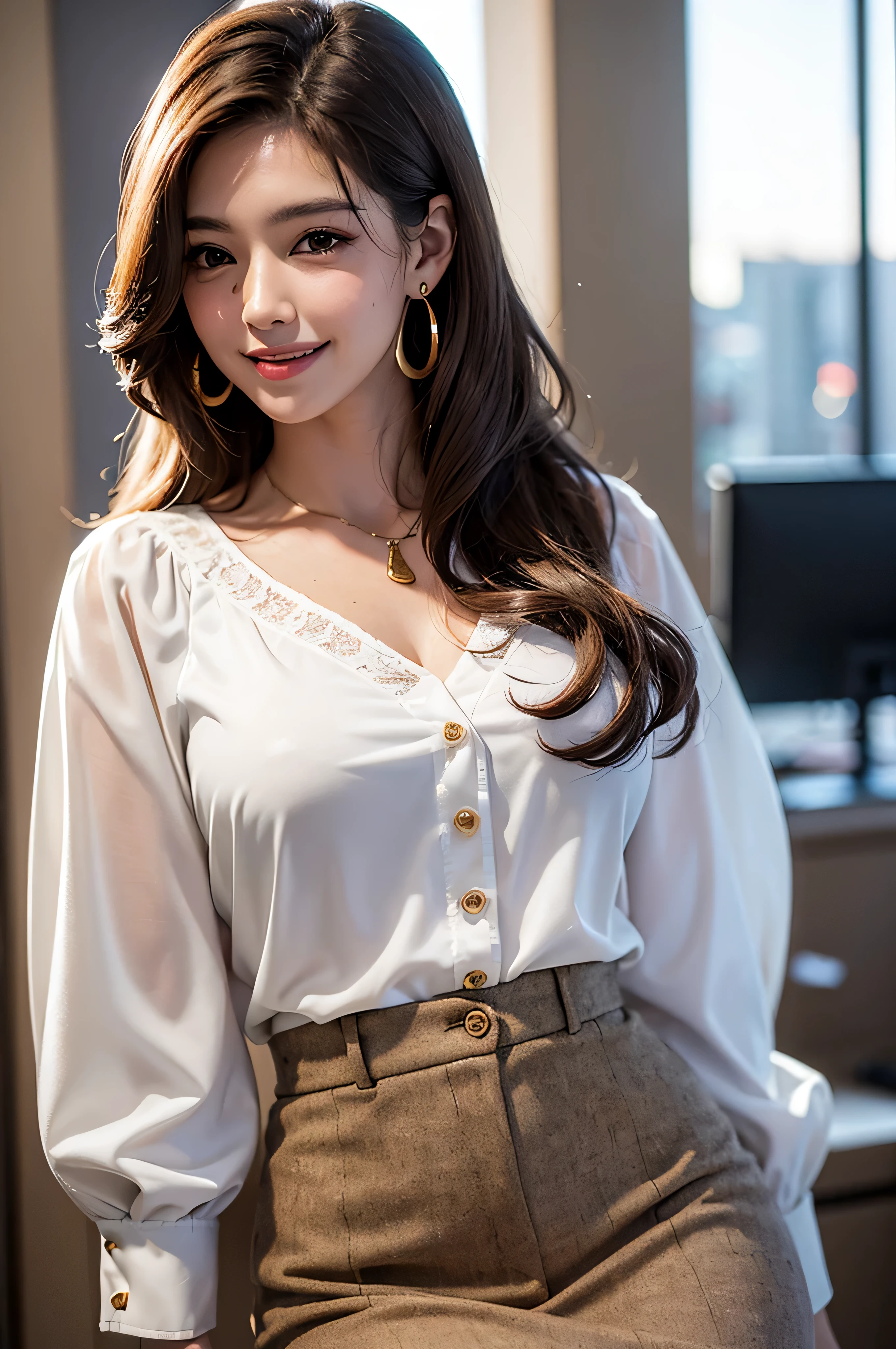 Hire、sunlight、Backlight、((cinematic light、ray tracing))、(masterpiece)、((Super fine))、(High-definition CG illustration)、(最high resolution:1.2)、(1girl:1.2)、high resolution、intricate details、Fine texture、high resolutionシャドウ、realistic expression of face、A delicate face with beautiful details、Delicate eyes with beautiful details、brown pupils、perfectly proportioned face、Depth of bounds written、far and near method、20th generation、glossy lips、 perfect body、medium breasted、distinct_image、solo focus、(Beautiful eyes and detailed face with fine details)、light source contrast、21 years old、Tokyo cityscape、night、Are standing、((Super long brown hair:1.2))、((Hair with loose waves inside:1.2)),((white long sleeve ribbon blouse_brown tweed miniskirt:1.3)),((gold necklace_Large earrings:1.2)),((shy smile:1.3)),((adult woman_Broad shoulders:1.3))