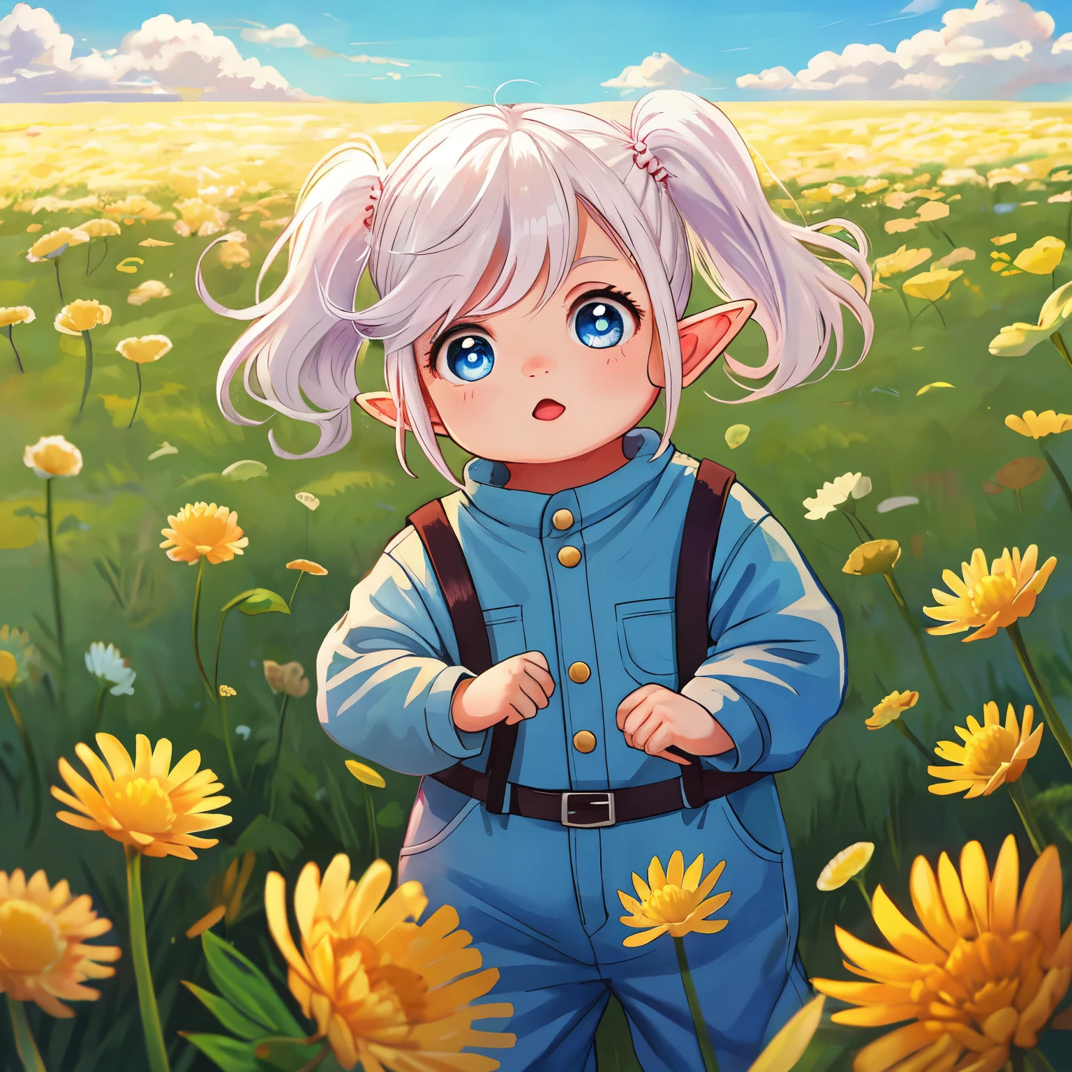 (high-quality, breathtaking),(expressive eyes, perfect face) 1girl, female, , pointed ears like an elf, white hair, medium fluffy hair, cute pigtails, teddy bear, age 5 monthsaby inrass, daions blowing in the wind, field of flowers, sky background, clothes blue jumpsuit, demon slayer art style, beautiful detailed background,
