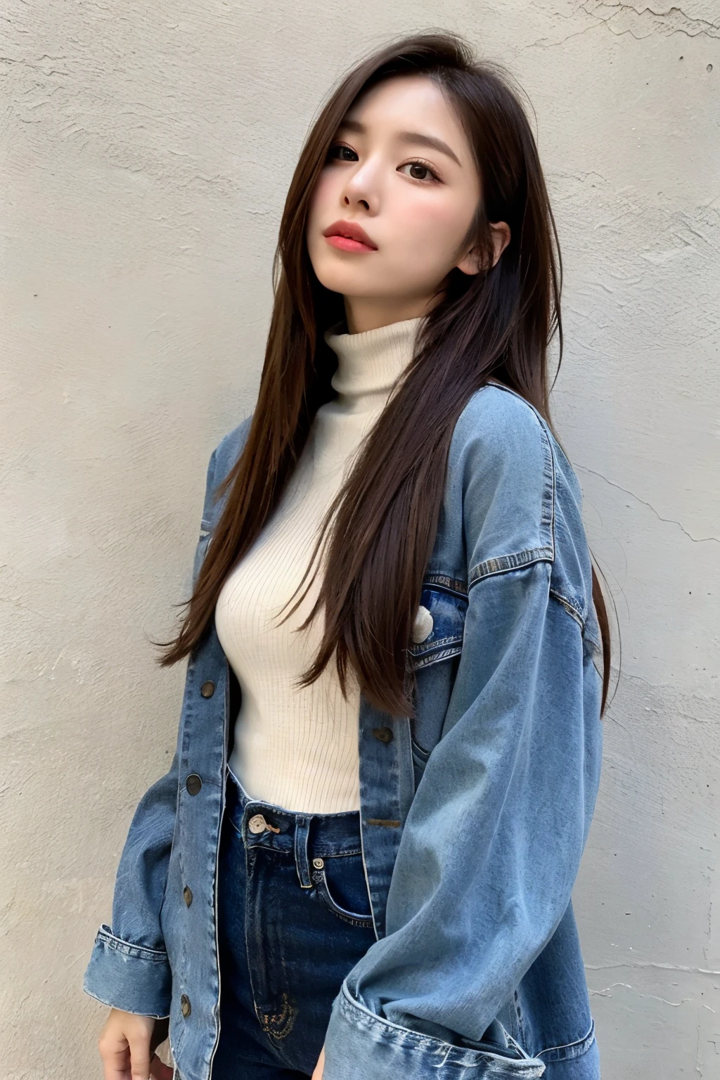 top quality, 1beautiful women, age 28, S, 35mm lens,, cowboy shot, concrete background、mortar style background、Violet turtleneck knit、Light brown、mortar style wall,from below、straight hair、straight hair、shiny hair,silky hair、dark denim jacket