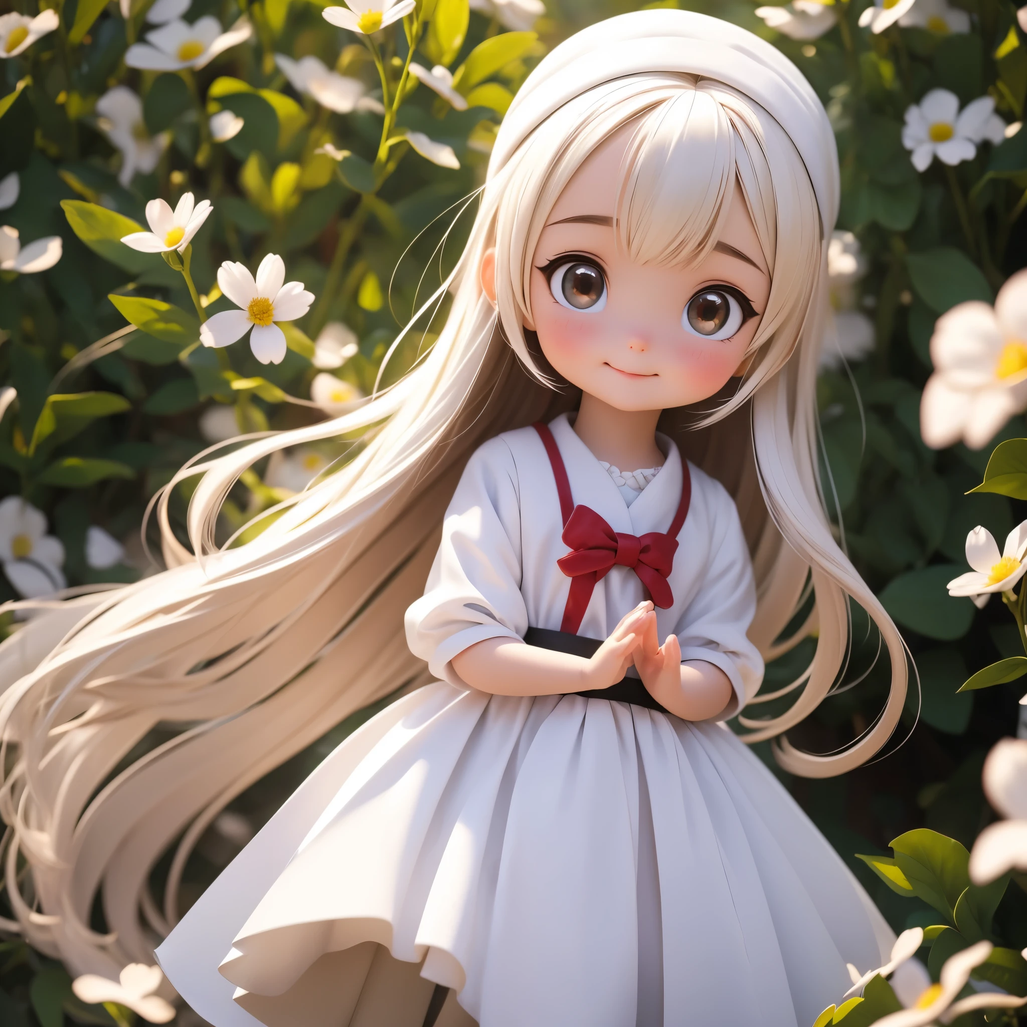 Photoreal、((Use white, black, and red))、doll、((dollの柔らかさを強調))、smile、eye up、In a cute pose、look up、look up、put your hands out in front of you、There are flowers in the front too...、wear cute shoes、season!!: summer ☀ 🍂