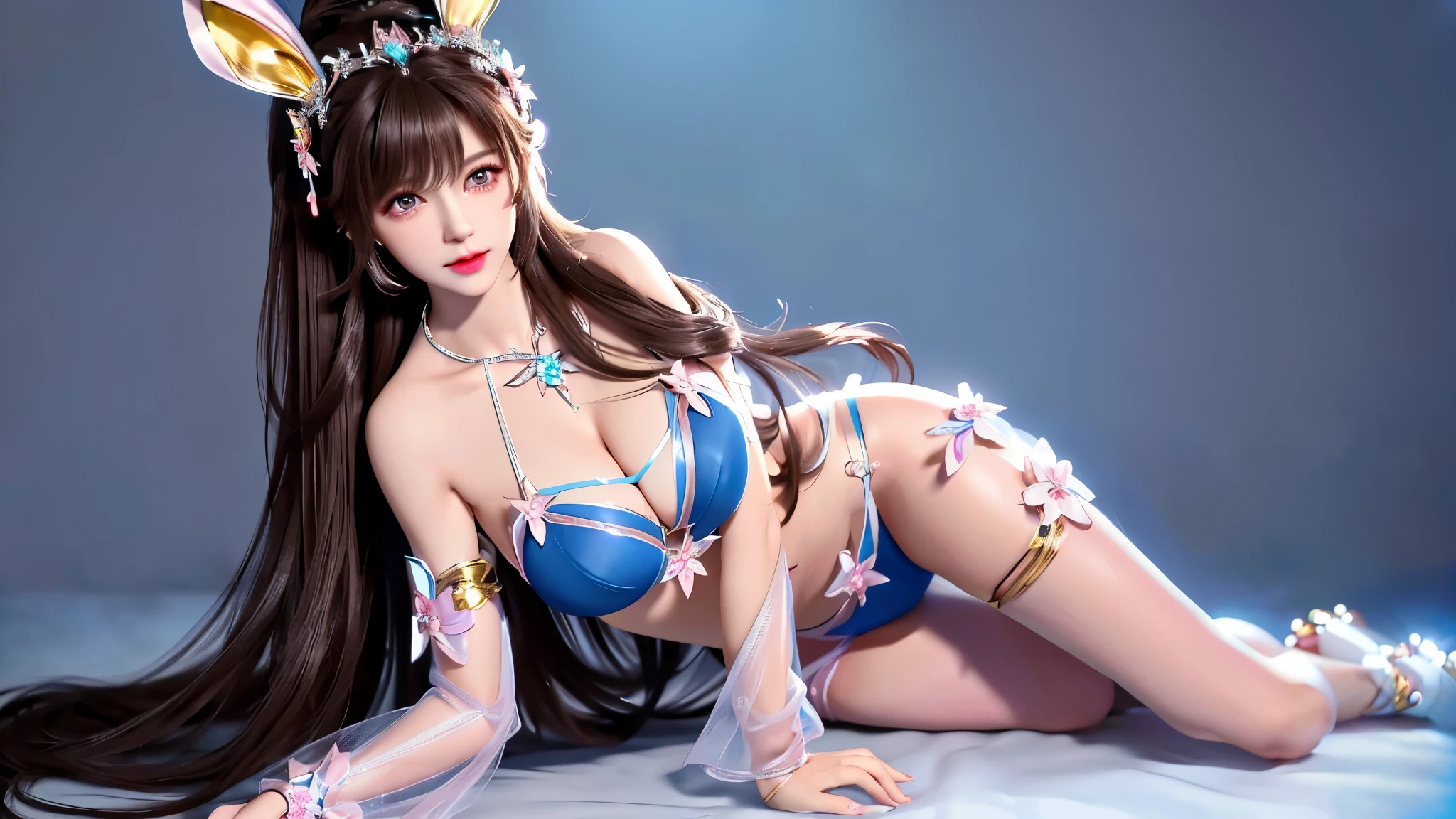 best quality, masterpiece, high resolution, 1 girl, long pink bunny ears, Wearing an ultra-thin black lace bikini,sexy pose,(huge breasts: 1.2),(((breast close-up)), , (((spread legs))),((((fullbody,)))),hair accessories, necklace, jewelry, beautiful face, Tyndall effect, Realistic photos, edge lighting, Two-tone lighting, (High detail skin: 1.2), 8k UHD, SLR camera, soft light, high quality, Volumetric lighting, sneak peek, photo, high resolution, 4K, 8k, background blur, medium , ridiculous, Light brown hair color, blue eye color,
