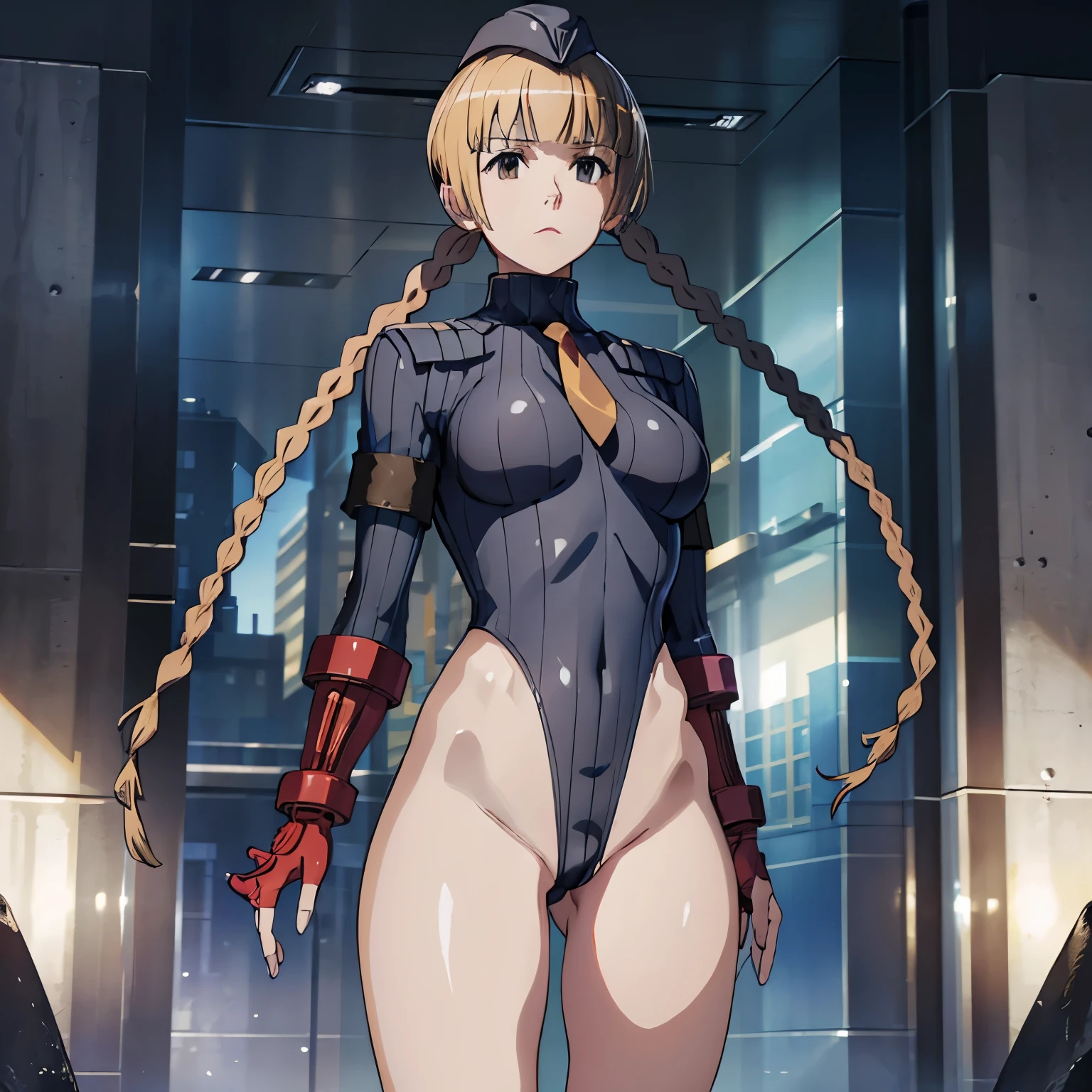 ultra-detailed, Explicit, Beautiful body, Beautiful Nose, Beautiful character design, perfect eyes, perfect face, ultra highres, 4K, beautiful legs, perfect legs, Nice hands, Perfect hand, Masterpiece, Best Quality, Highly detailed, illustration, absurdres, perfect anatomy, street fighter, doll suit, shadaloo doll, dollsuit, expressionless, blank eyes, looking at viewer, red gloves, emotionless, black latex, corrution, mind control, female combatant, full body, hypnotized, unhappy trance, full body suit, ribbed bodysuit, both arms at side, obey, perfect female body, extremely glossy latex, hypnosis, hypnoLora, empty eyes, Mind control device, poses, submissive_pose, Slave, stand up straight, standing, standing at attention, hat, necktie, belt, latex, ribbed bodysuit, thighhighs, garter belt, Fighting Stance, extending the right arm from the shoulder into the air with a straightened hand, military, thigh boots, 1girl, hair ornaments, blonde hair, long hair, amber eyes, (extremely detailed CG unity 8k wallpaper), (masterpiece), (best quality), (ultra-detailed), (best illustration), (best shadow), (absurdres), 1girl, solo, kaede igarashi, twin braids