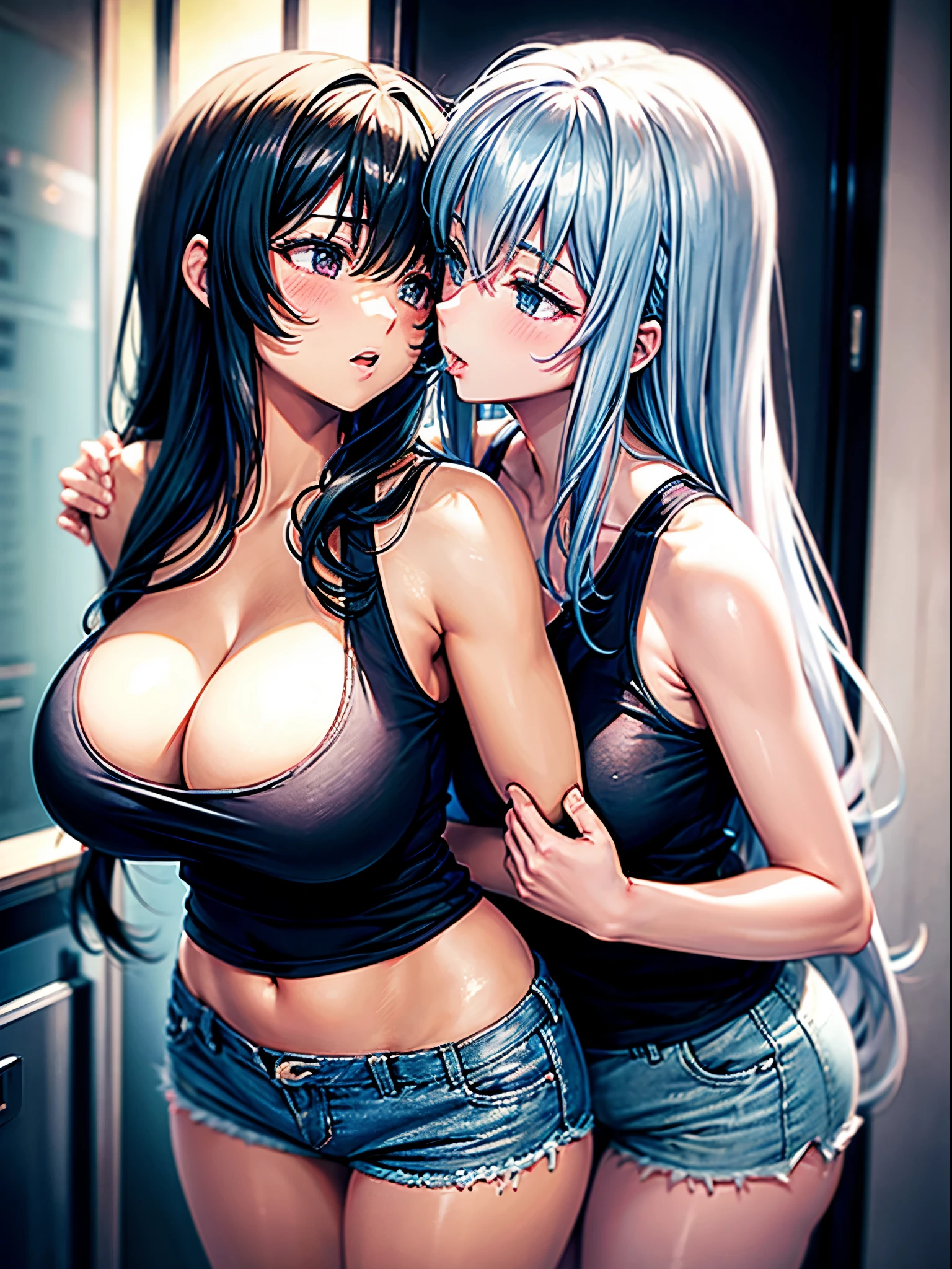 anime、moe、adult women、Kissing between women、Intertwining tongues、Women hugging each other、Tank top、hot pants、sexy woman、big breasts、very big breasts、long hair、straight hair、silver hair、Completely naked、rub each other's butts、Pink Room