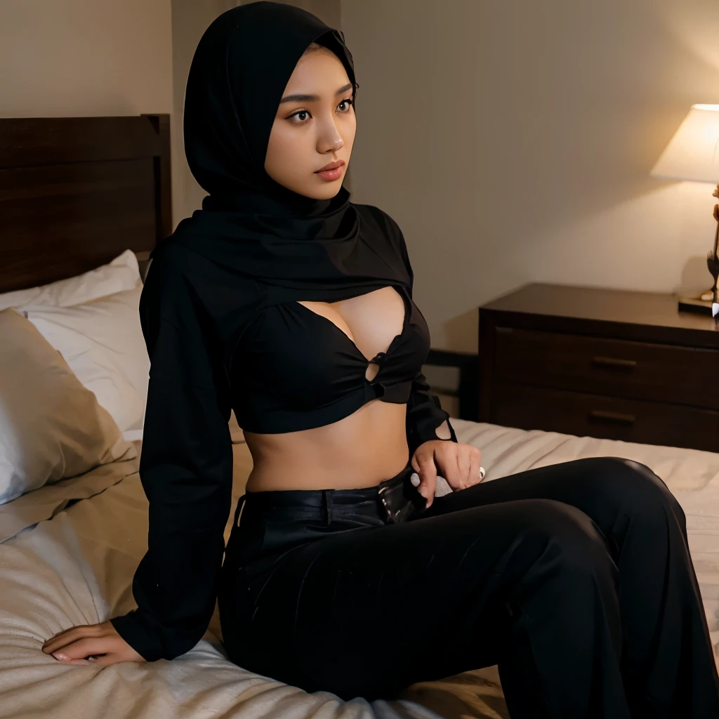photography of 20 year old Indonesian woman, hijab, beautiful, big chest, black pants, bed background