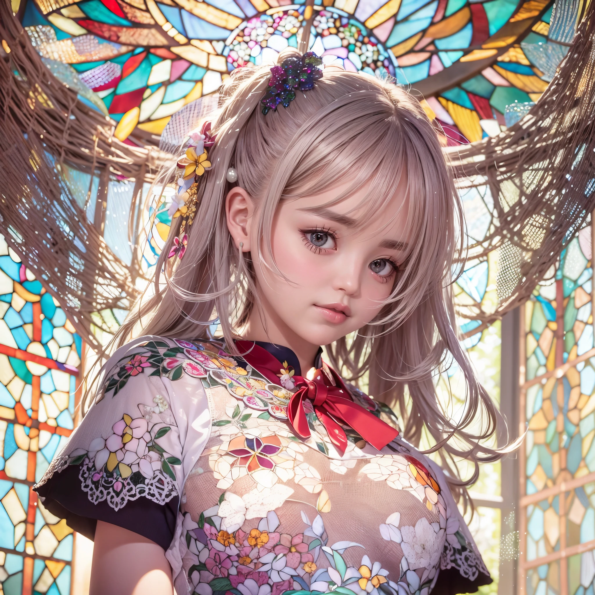 (NSFW:-0.98) . White and Red, (Dazzling colorful light pours down:1.2), (Ultra-detailed1.35), ((Masterpiece:1.2) of professional Analogue photo with Hasselblad), (((Realistic and Photorealistic with touch of rawness:1.37))), (((Acutance:0.85), { from below | from side } )) . ((A group photo of many KAWAII girls in (school uniform)) with visible Overflowing Cleavage) and Navel without bra . (((Extremely detailed KAWAII face variations)) with joyful expressions), { Detailed natural eyes with sparkling highlights and long eyelashes | Rosy cheeks | Navel | (pretty Ass) | (Overflowing underboob) | Oiled ivory skin Details | White panties with (blood seeping only in crotch area) | ((full of Flowers covering girl's body:1.15)) | (((Dazzling colorful stained glass with stunning elaborate details:1.2))) | Mystic sight | A Halo ling in the air | God rays | Haze | Lens flare | Luminescent particles | Kissing face to face } . Ultra-detailed, (Exposed:0.8), (((Nipple:-0.9))) .