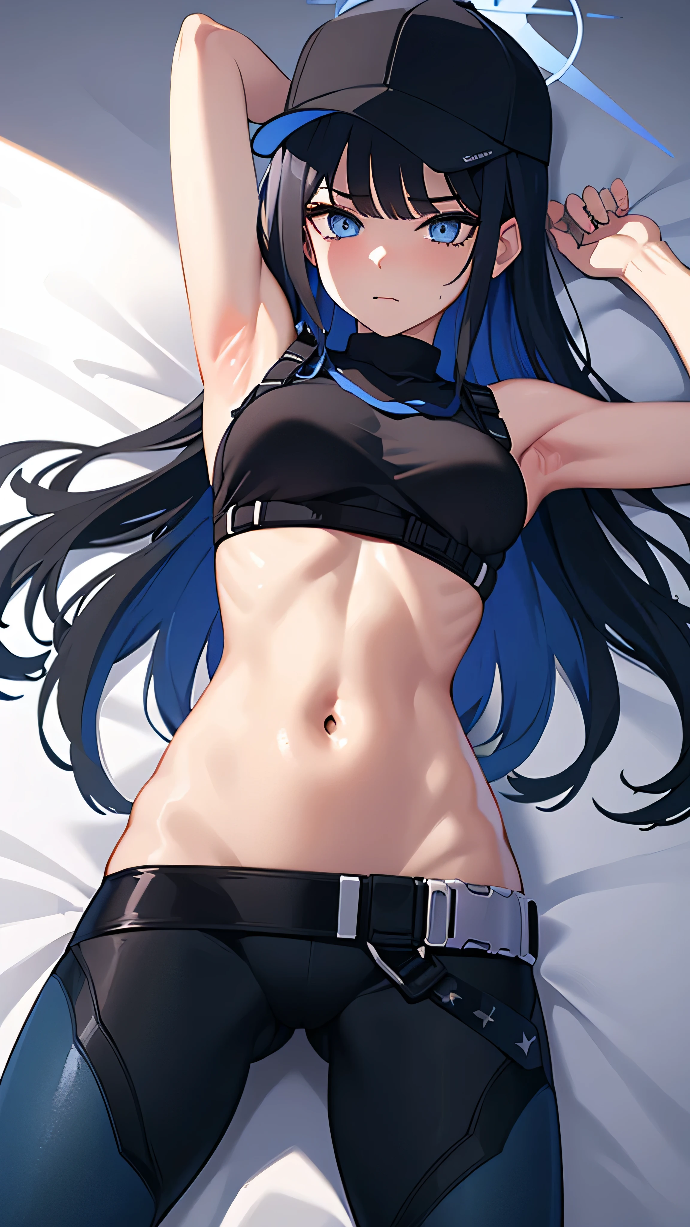 masterpiece,extremely detailed,1girl,solo,(saori \(blue archive\):1.15),(mouth mask),(sprawled on bed:1.1),detailed sparkling eyes looking at camera,bedazzling eyes watching you,sexy stretch,detailed close up on abdomen,(visible hip bones),bare stomach gleaming with sweat,(zoom in on navel),exposed hips,(long midriff:1.2),extremely detailed midriff,sexy tummy,bare stomach,hands overhead,arms raised all the way up,exposed hip bones,beautiful blue eyes watching you in disappointment,(black pants pulled down below waist:1.2),black crop top,armpit,long hair,black hair,black baseball cap,halo,underboob,white background,cinematic glitter,high res,4K,high quality,trending on pixiv