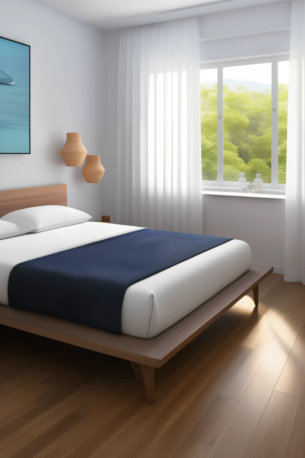 Ultra definition image of a minimalist bedroom with wooden floors and furnishings. The bed is the focal point, featuring a sleek, illuminated headboard with three frames neatly arranged in the center. Curtains sway softly in the background, and potted plants add a touch of nature to the serene space. The wooden furniture is simple yet elegant, radiating a sense of calmness and tranquility. The overall aesthetic is one of understated beauty and sophistication. (Ultra definition, 2:1 aspect ratio, 4K resolution)