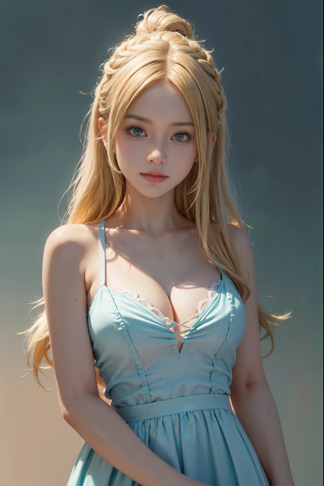 (hyper realisitc), (illustration), (Resolution enhancement), (8K), (Extremely detailed), (Best Illustration), (美丽细致的眼睛), (Best quality), (The ultra-detailliert), (Masterpiece ), ( the wallpaper), (Detailed face),The blonde, Wavy hair,(hi-top fade:1.3), (Hefty Smile, bright look), Dark theme, soothing tones, pastel colour, High contrast, (Natural skin texture, hyper photorealism, Soft light, avant-garde),exposure blend, Medium shot, Bokeh, (hdr:1.4), High contrast, (cinematic ligh, Teal and orange:0.85), (pastel colour, faded colors, soothing tones:1.3), Low saturation, (ultra - detailed:1.2), (black:0.4),Bare ,Bare