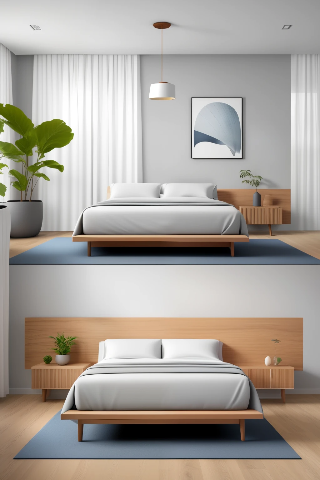 Ultra definition image of a minimalist bedroom with wooden floors and furnishings. The bed is the focal point, featuring a sleek, illuminated headboard with three frames neatly arranged in the center. Curtains sway softly in the background, and potted plants add a touch of nature to the serene space. The wooden furniture is simple yet elegant, radiating a sense of calmness and tranquility. The overall aesthetic is one of understated beauty and sophistication. (Ultra definition, 2:1 aspect ratio, 4K resolution)