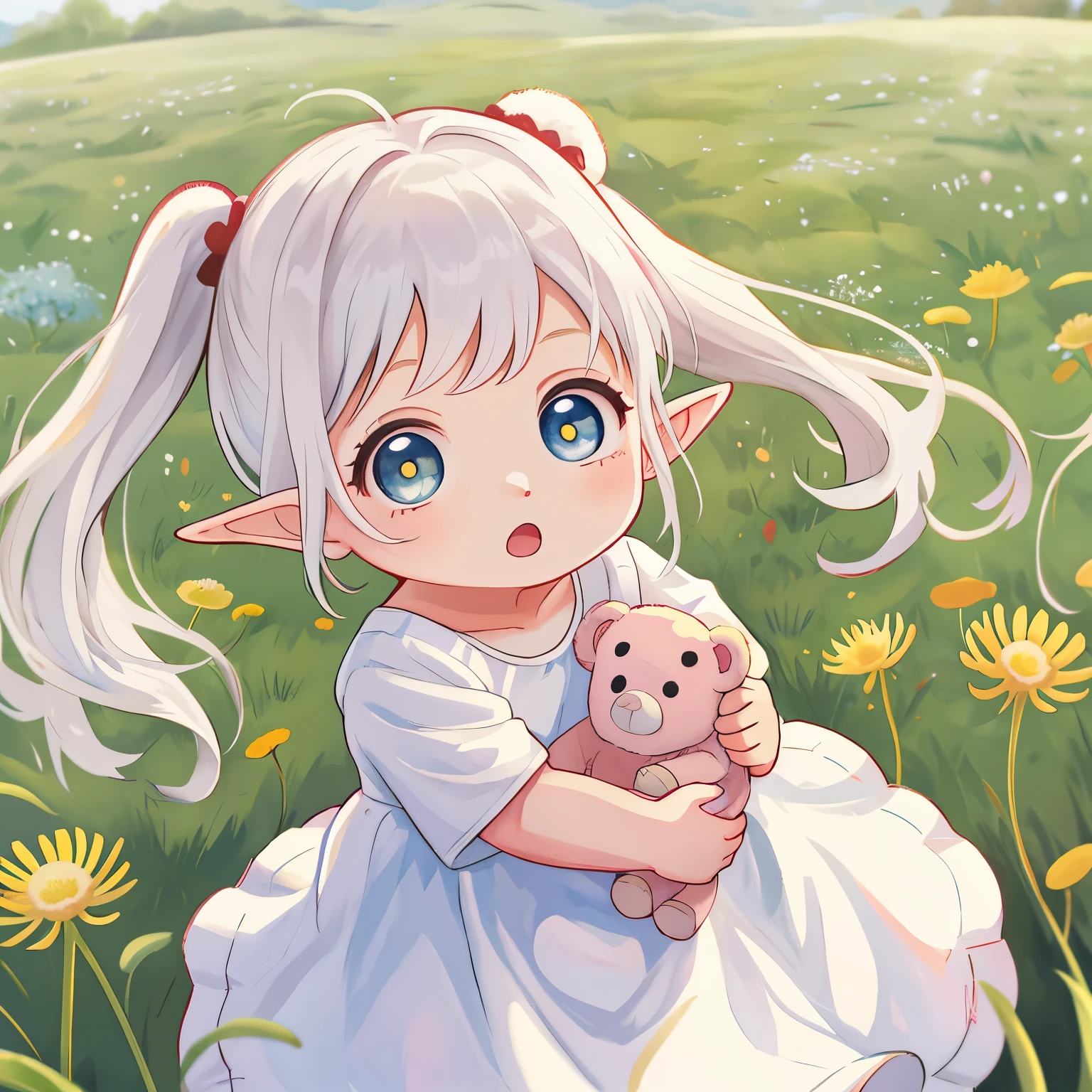 (high-quality, breathtaking),(expressive eyes, perfect face) 1girl, female, , pointed ears like an elf, white hair, medium fluffy hair, cute pigtails, teddy bear, age 5 monthsaby inrass, daions blowing in the wind, field of flowers, sky background, clothes white dress with decals, spy x family art style, beautiful detailed background
