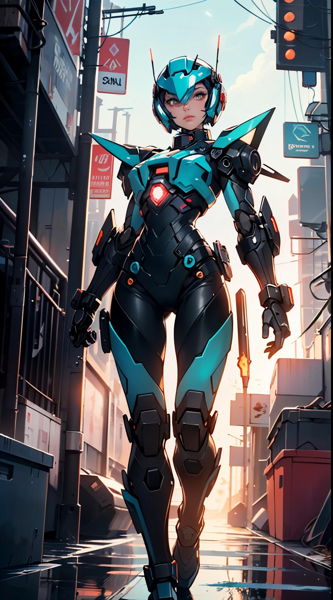 holding weapons, (no humans:1.3), glowing, (female mech: 1.3), female_mech,female robot, (flying: 1.3), glowing eyes, black mecha, science fiction, long legs, reality, mecha,
(dynamic pose:1.0),solo focus,embarrassed,(centered,scale to fit dimensions,Rule of thirds),
cyberpunk city by the ocean at night, with bright neon signs and dark stormy clouds and puddles, scenery:1.25,
artistic photography,(photography taken by sldr),highres, sharp focus, (ultra detailed, extremely detailed), (photorealistic artwork:1.37),(extremely detailed CG unity 8k wallpaper),((synthwave background theme)),(((vibrant colors))),(intricate background),(masterpiece),(best quality)
