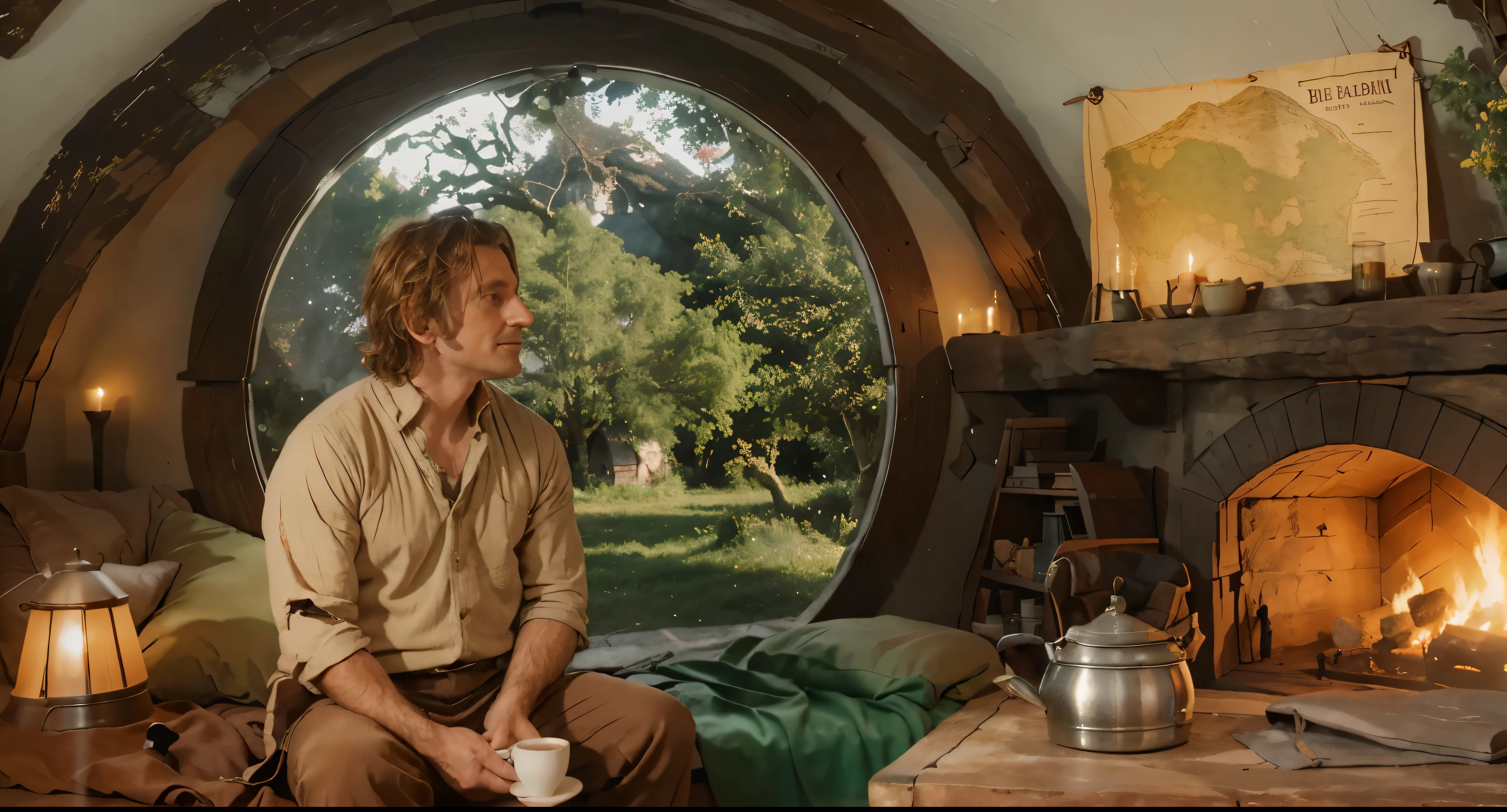 Bilbo sitting on the bed holding a mug of coffee, Casa do hobbit, procurando um mapa antigo do condado na parede, there is a fireplace in the room, uma mesa de madeira com uma velha chaleira de ferro. Outside there are green fields with trees, e uma montanha gelada de volta (make more detailed objects)