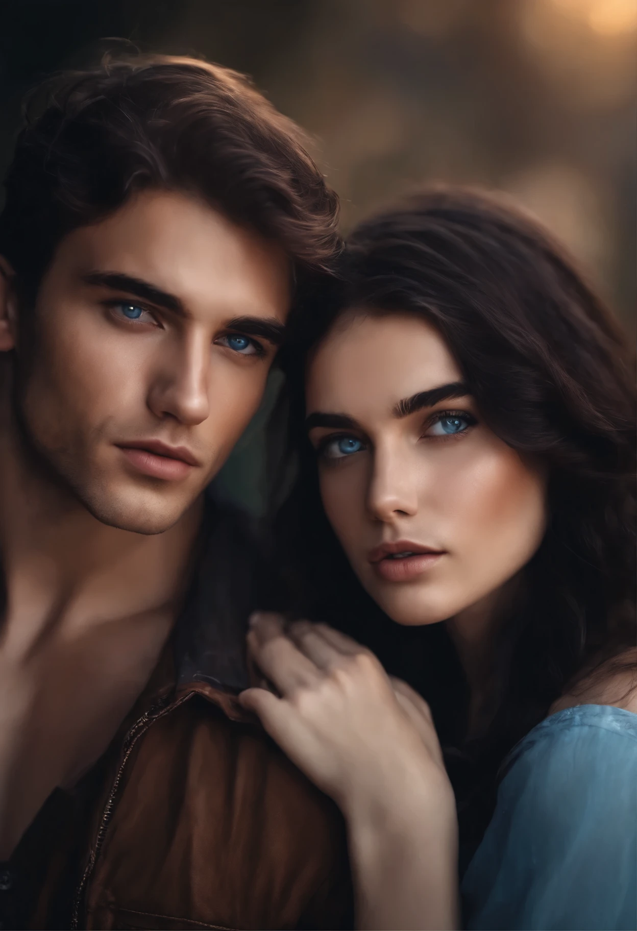 Couple bad boy male with short black hair blue eye fair skin and girl with long brown hair fair skin freckles and violet eyes romantic pose sexy