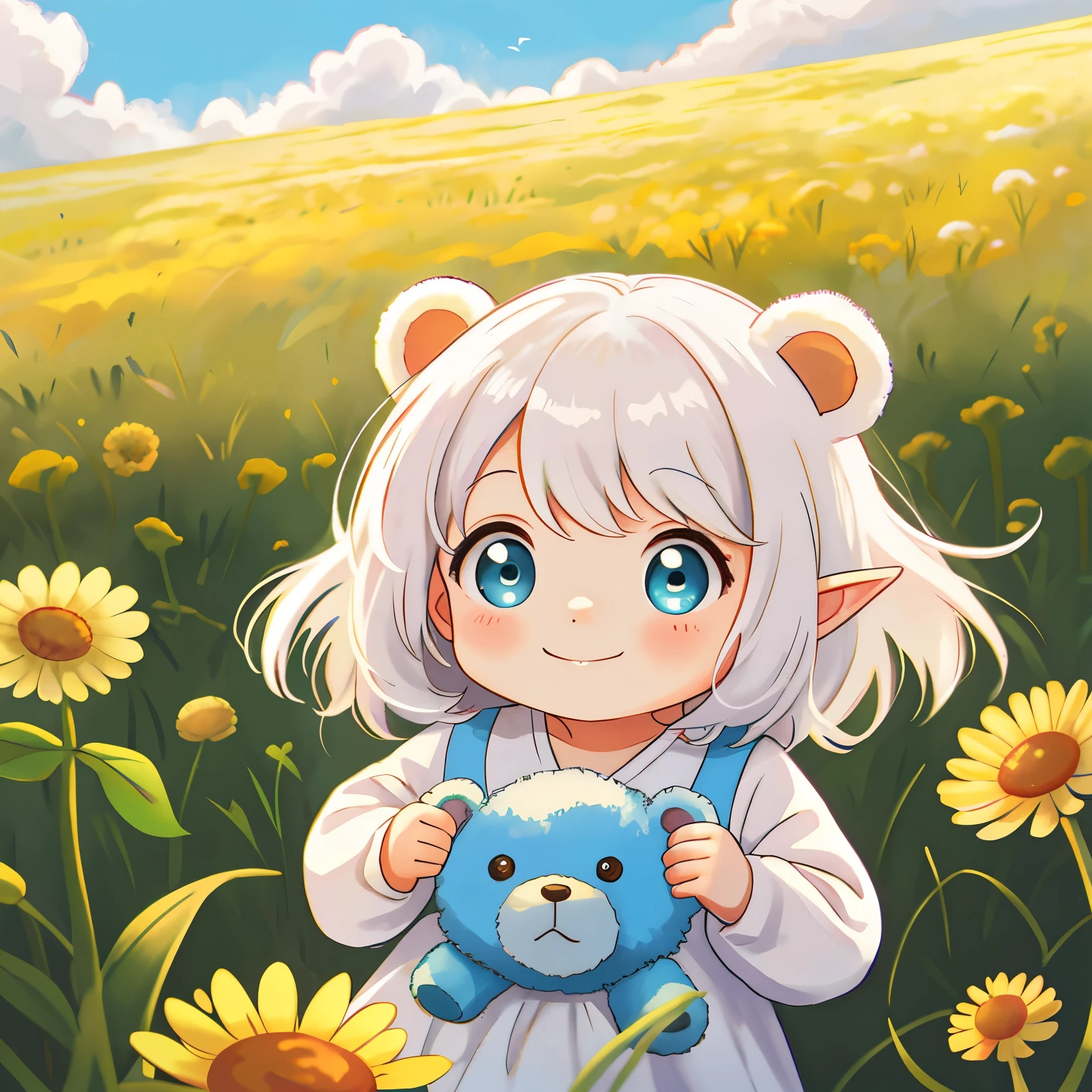 (high-quality, breathtaking),(expressive eyes, perfect face) 1girl, female, newborn baby, pointed ears like an elf, white hair, medium fluffy hair, teddy bear, age 5 months, baby in the grass, dandelions blowing in the wind, field of flowers, sky background, clothes white dress with decals, spy x family art style, beautiful detailed background, adorable smile
