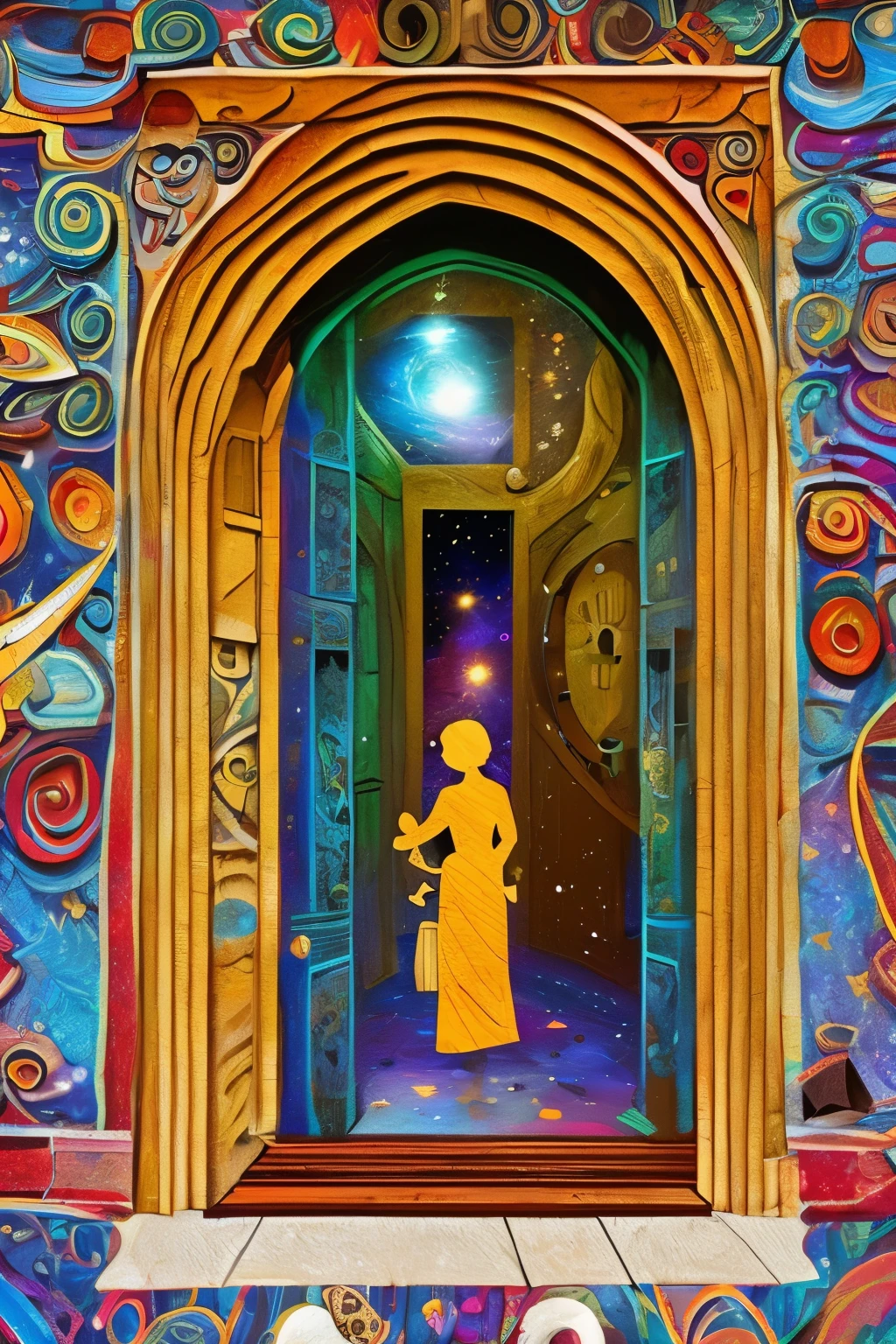 art, best quality, patchwork of various doors arranged randomly by country and era, image processing with mysterious effects, (background galaxy:1.5)