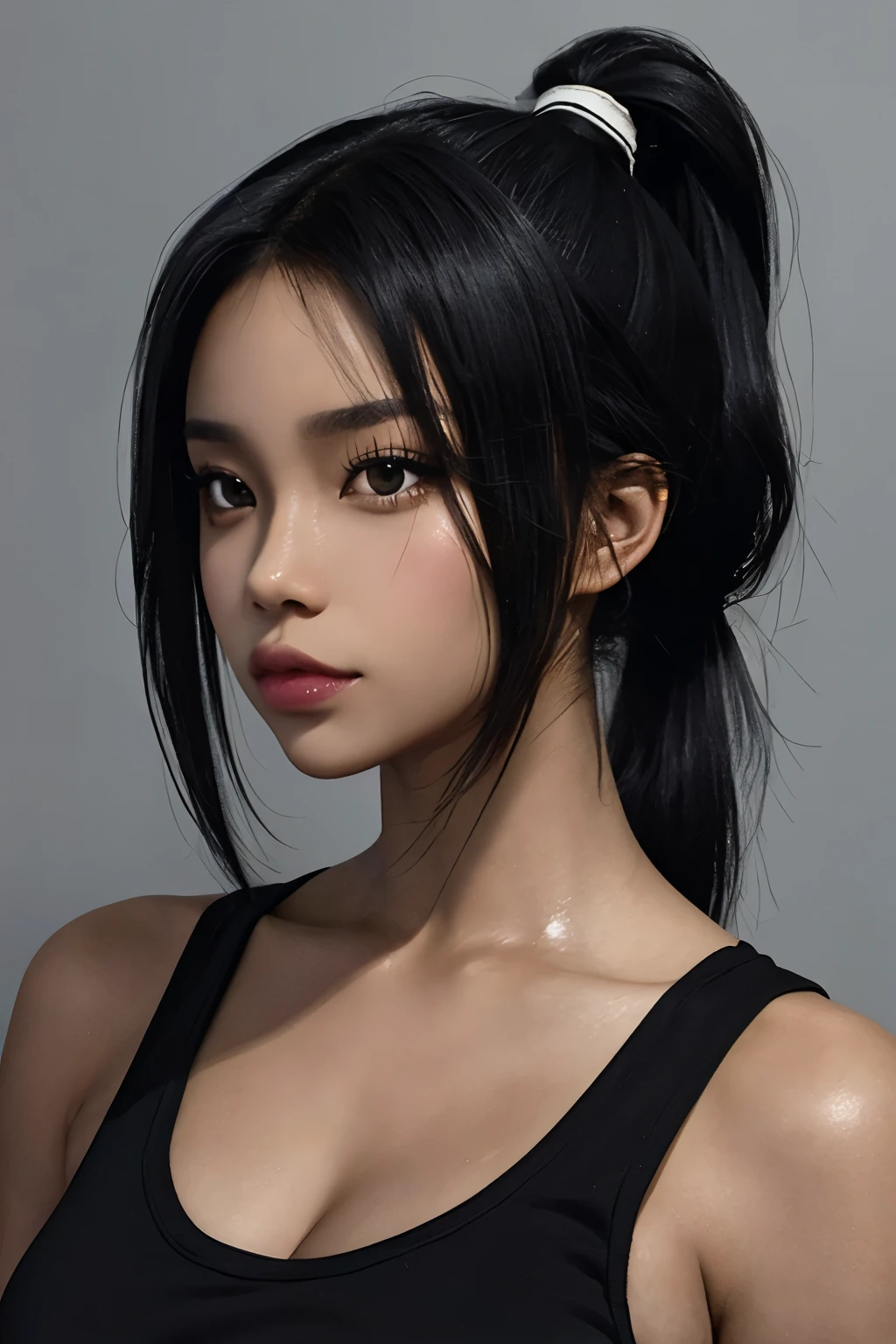 sloppy appearance of a mulatto with ponytail black hair, Fogo, camiseta preta, chamas, elegante, pintura digital, arte conceitual, sharp focus, naked illustration