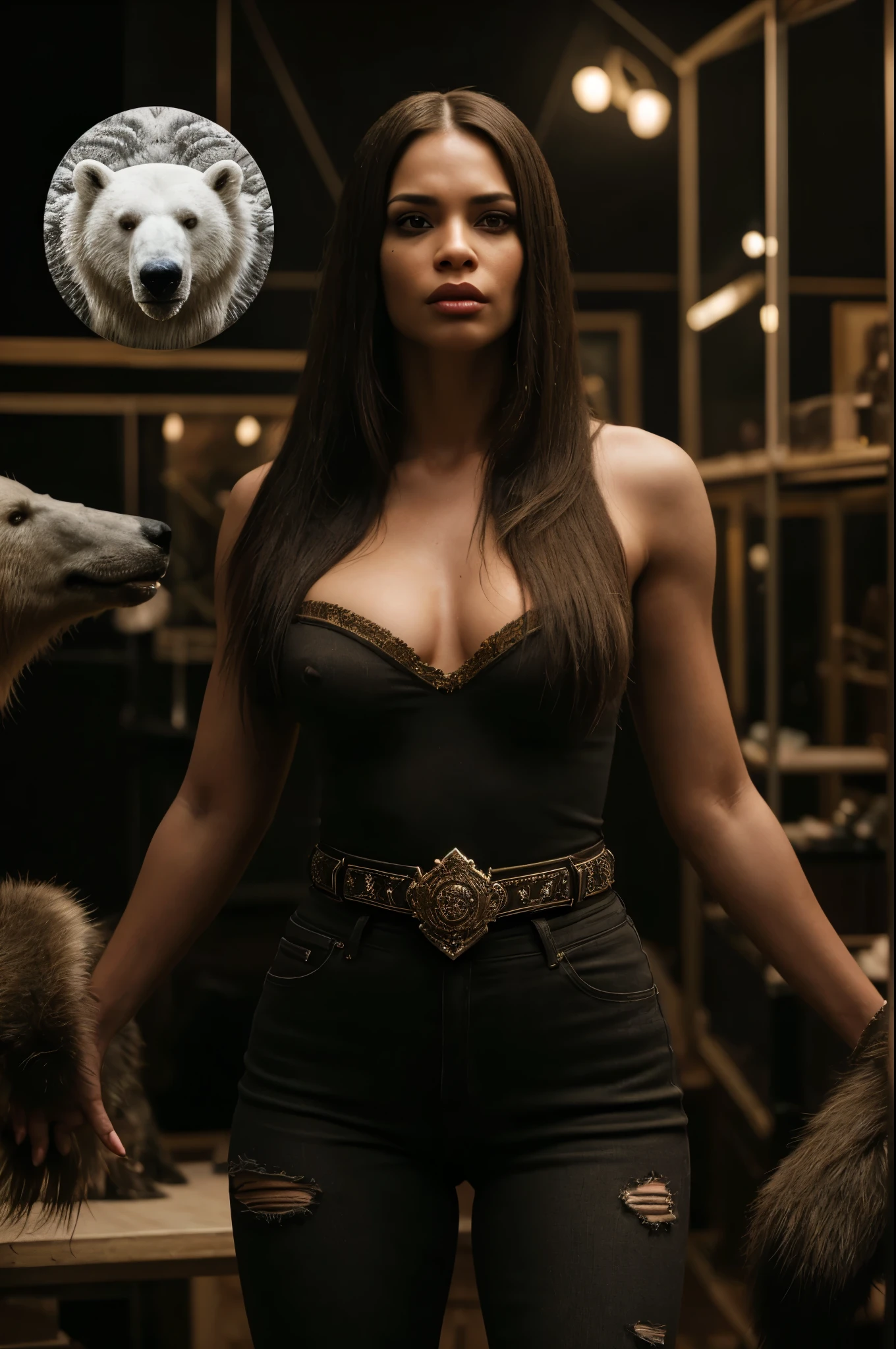 ((Full body woman inside a taxidermy shop)),photo,(masterpiece:1.3),(best quality,ultra detailed:1.1),intricate,professional photography,professional lighting,HDR,(((photo realistic,ultra realistic,photorealistic))),beautiful and aesthetic,looking to the viewer,looking gorgeous,photo of beautiful 30 yo mixed-race woman, high quality, dramatic, cinematic, (brushed straight hair:1.2)), (scar, bandage:0.5), break, dynamic angle, full-length from behind, faded jeans with leather belt, lounge tshirt, RAW photo,(masterpiece:1.3),(best quality,ultra detailed,intricate),professional photography,professional lighting,HDR,High Dynamic Range,(((photo realistic,ultra realistic,photorealistic))),beautiful and aesthetic,looking to the viewer,looking gorgeous,photo of beautiful woman, high quality, dramatic, cinematic, (shoulder length hair behind ears:1.2)), messy bangs, giant taxidermy animals, face to face taxidermy, polar bear, wolf taxidermy, extremely realistic fur, giants sheltering her body, animals seem to protect her, intricate ornate structures, half finished, radiating, the night sky, deep dark shadows, hide new seasons, the woman is aware and watching us