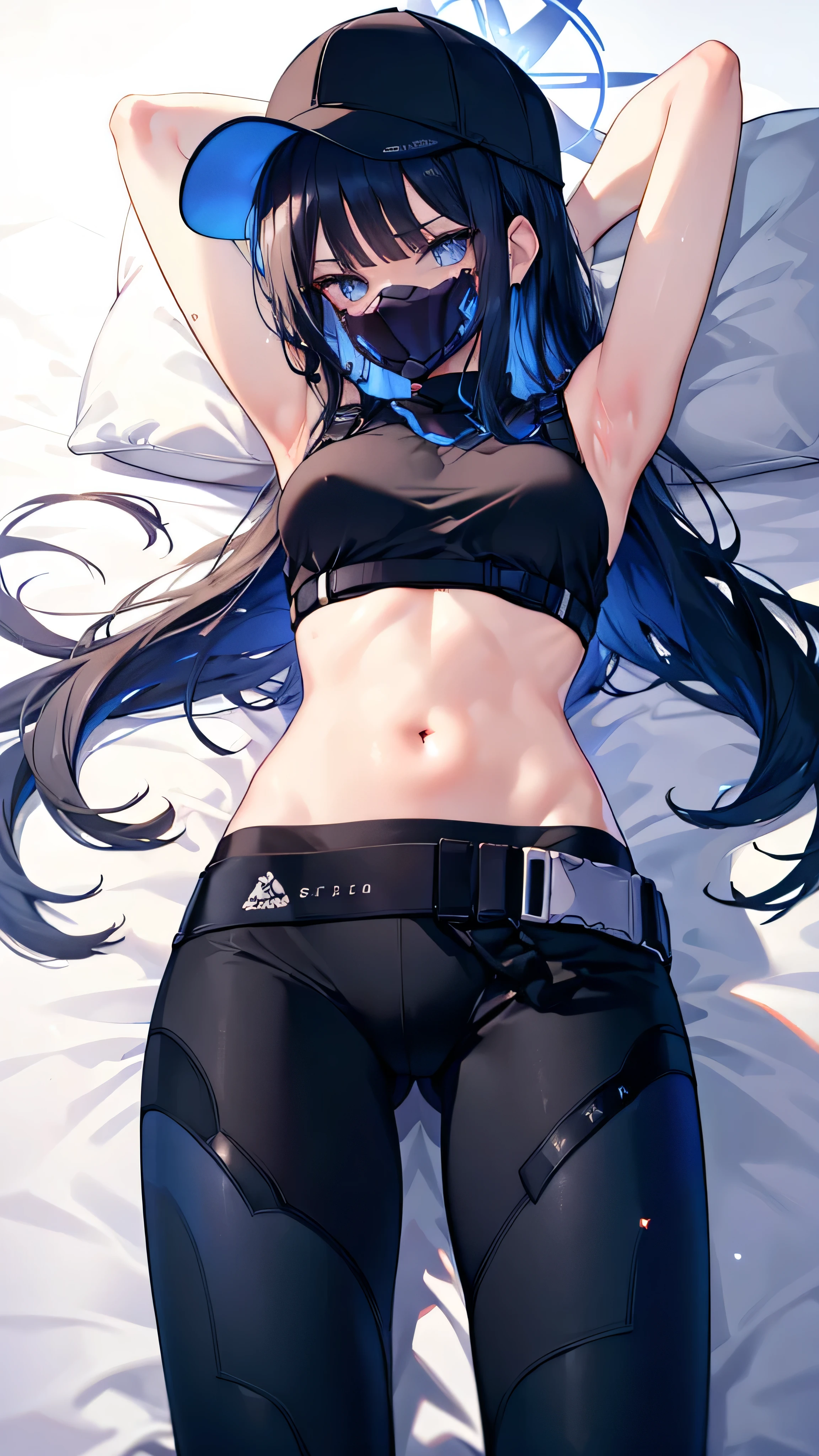 masterpiece,extremely detailed,1girl,solo,(saori \(blue archive\):1.15),(mouth mask),(sprawled on bed:1.1),detailed sparkling eyes looking at camera,bedazzling eyes watching you,sexy stretch,detailed close up on abdomen,(visible hip bones),bare stomach gleaming with sweat,(zoom in on navel),exposed hips,(long midriff:1.2),extremely detailed midriff,sexy tummy,bare stomach,hands overhead,arms raised all the way up,exposed hip bones,beautiful blue eyes watching you in disappointment,(black pants pulled down below waist:1.2),black crop top,armpit,long hair,black hair,black baseball cap,halo,underboob,white background,cinematic glitter,high res,4K,high quality,trending on pixiv