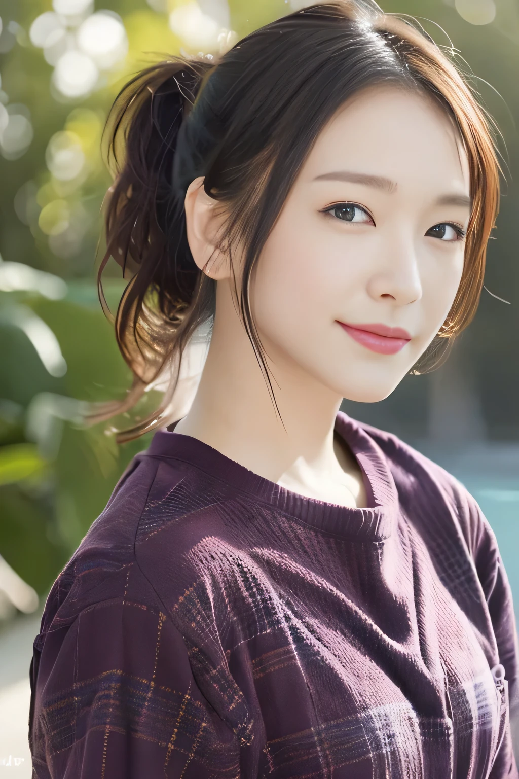 ((highest quality, 8K, masterpiece: 1.1)), attractive appearance, beautiful clear eyes, ((delicate ponytail)), (wear: 1.1), (on the beach in hawaii: 1.3), nice dress: 1.1, Highly detailed face and skin texture, narrow eyes, double eyelid, Whitening skin, smile, Wearing a necklace,