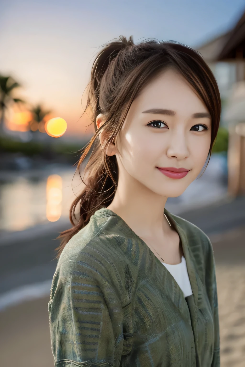 ((highest quality, 8K, masterpiece: 1.1)), attractive appearance, beautiful clear eyes, ((delicate ponytail)), (wear: 1.1), (on the beach in hawaii: 1.3), nice dress: 1.1, Highly detailed face and skin texture, narrow eyes, double eyelid, Whitening skin, smile, Wearing a necklace,