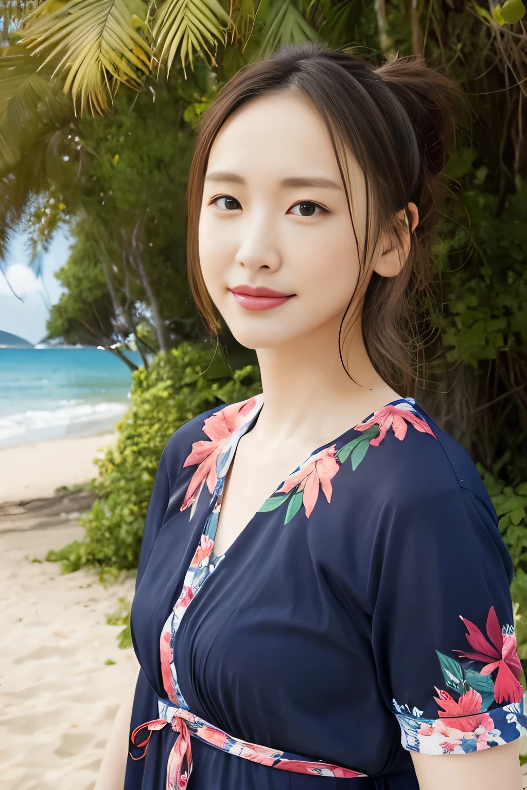 ((highest quality, 8K, masterpiece: 1.1)), attractive appearance, beautiful clear eyes, ((delicate ponytail)), (wear: 1.1), (on the beach in hawaii: 1.3), nice dress: 1.1, Highly detailed face and skin texture, narrow eyes, double eyelid, Whitening skin, smile, Wearing a necklace,