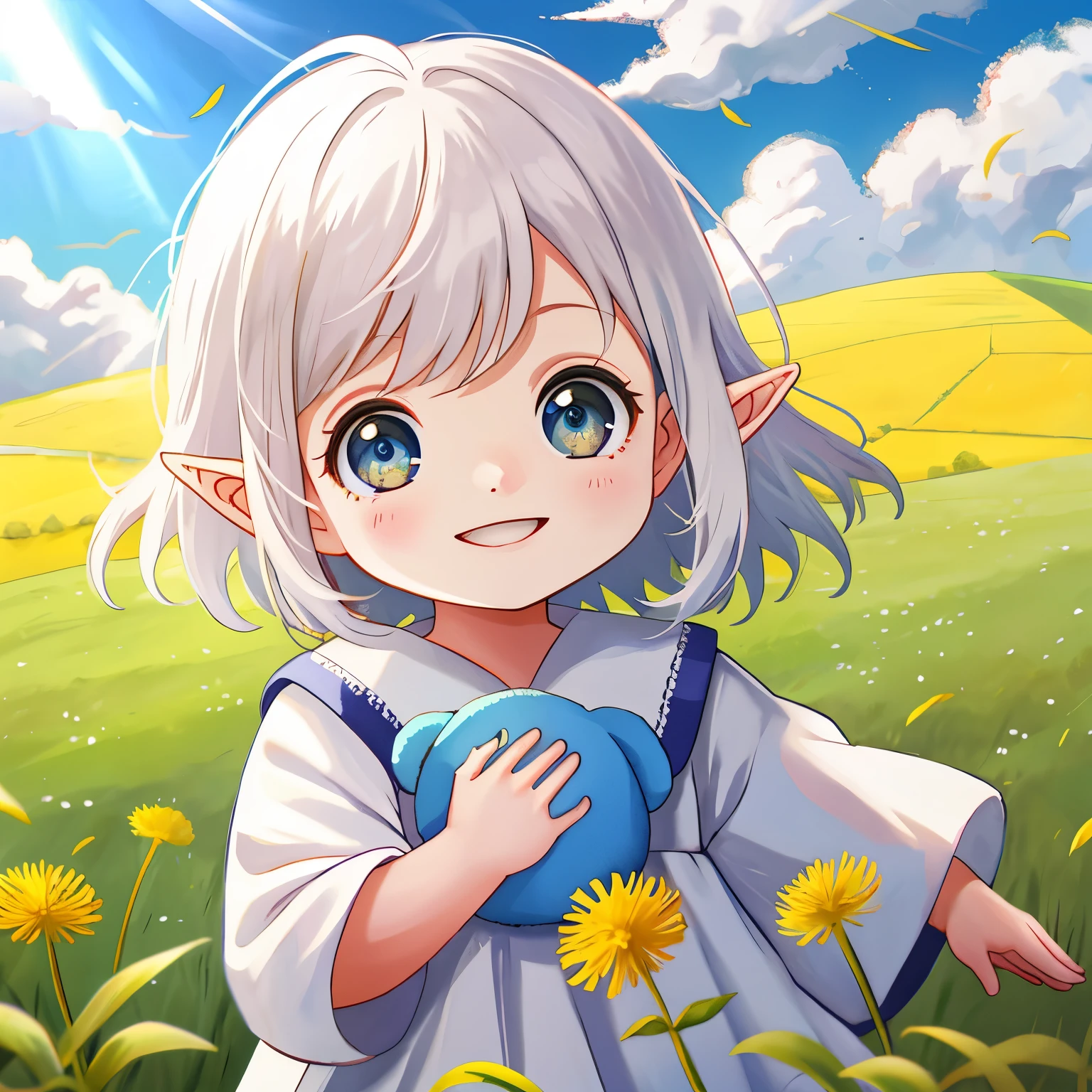 (high-quality, breathtaking),(expressive eyes, perfect face) 1girl, female, newborn baby, pointed ears like an elf, white hair, medium fluffy hair, teddy bear toy, age 5 months, baby in the grass, dandelions blowing in the wind, field of flowers, sky background, clothes white dress with decals, spy x family art style, beautiful detailed background, adorable smile
