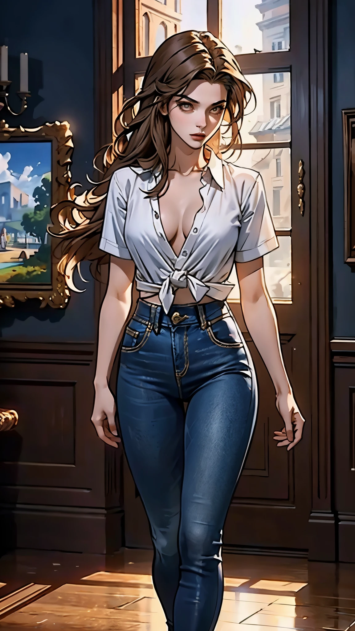 A woman with light brown long hair, a delicate face, a blank look in her eyes, a slender and firm dancer's figure, a fantasy-realistic style outfit, she ties a French shirt at her chest, revealing her graceful waistline, she wears tight jeans on her lower body, a flowing skirt is gracefully tied around her waist, she walks leisurely in a fantasy-style town, this character embodies a finely crafted fantasy-realistic style female dancer in anime style, exquisite and mature manga art style, beautiful woman, high definition, best quality, highres, ultra-detailed, ultra-fine painting, extremely delicate, professional, anatomically correct, symmetrical face, extremely detailed eyes and face, high quality eyes, creativity, RAW photo, UHD, 8k, Natural light, cinematic lighting, masterpiece-anatomy-perfect, masterpiece:1.5