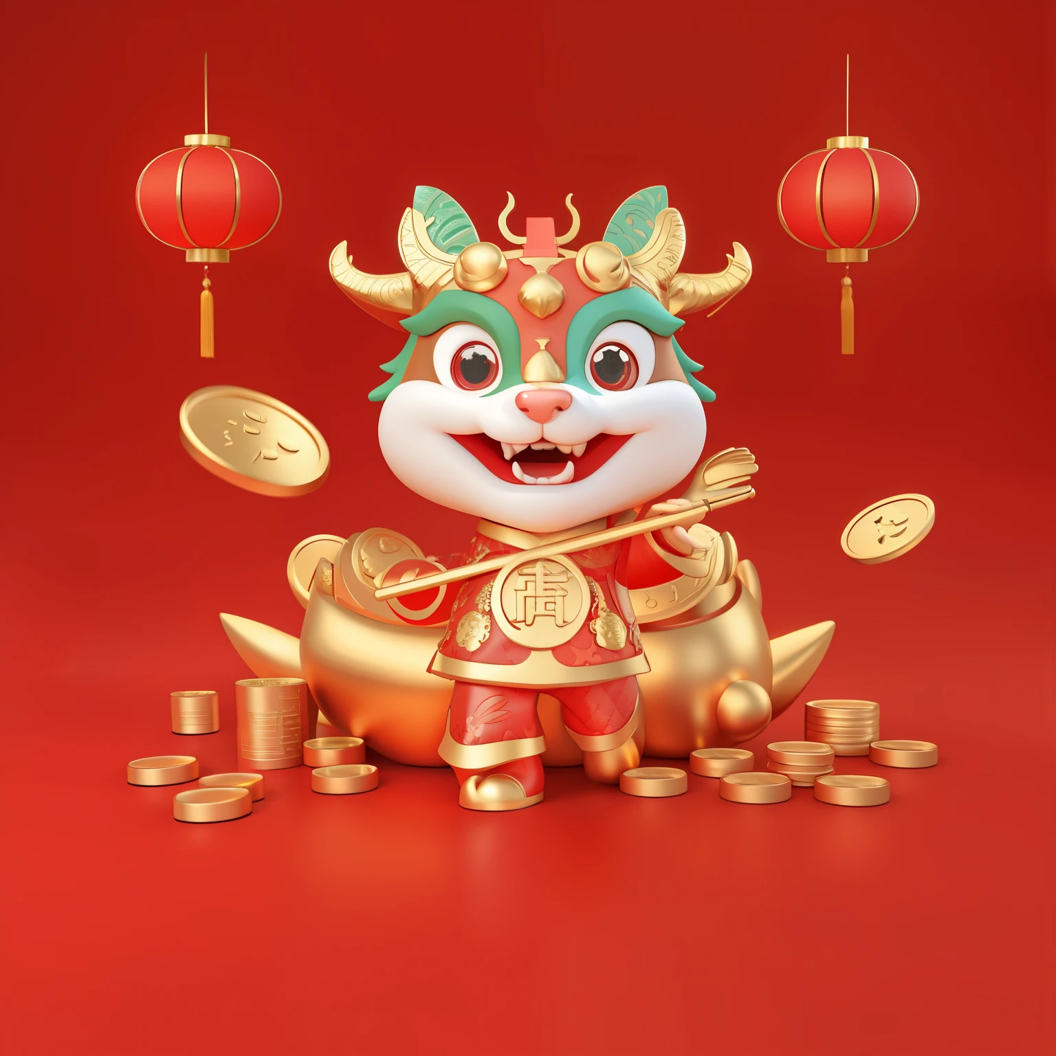 a cartoon 中国龙 with a gold coin in its mouth, 财神, 8k, 8k, 日本吉祥物的 3D 模型, 3D CG, 3d CG, smooth 中国龙, 中国丝绸3D龙, 2 d CG, 6k, 6k, 中国龙, 9K, 9k, 8k 4 k