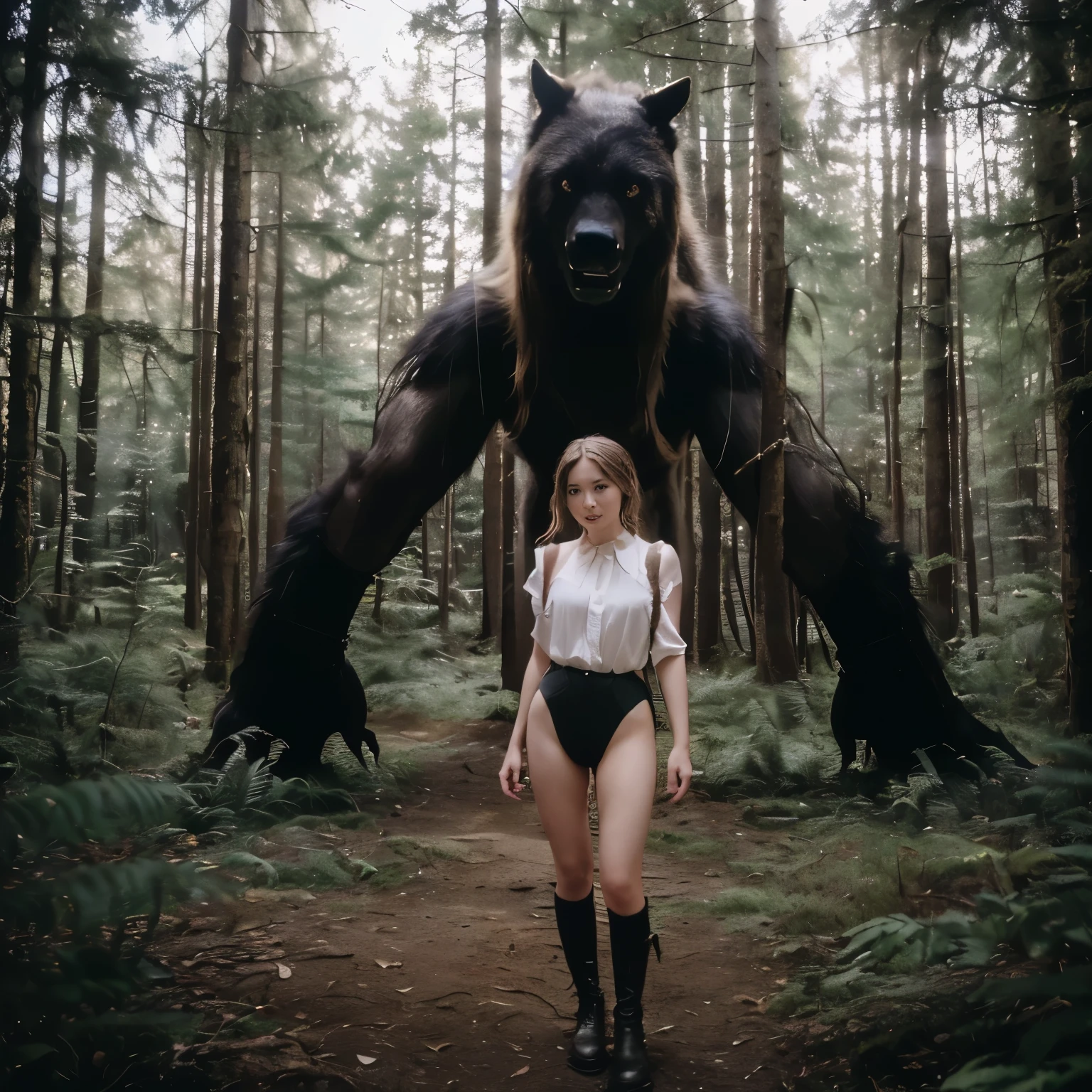 in the forestで巨大なクマの前に女性が立っています, With magical creatures, giant bear human hybrid, fantasy photoshoot, a minotaur wolf, transforming into werewolf, still from a fantasy movie, deep in the forest, in the forest, Written by Emma Andijewska, in the forestで, in the forestで, fantasy character photo, in the forestで