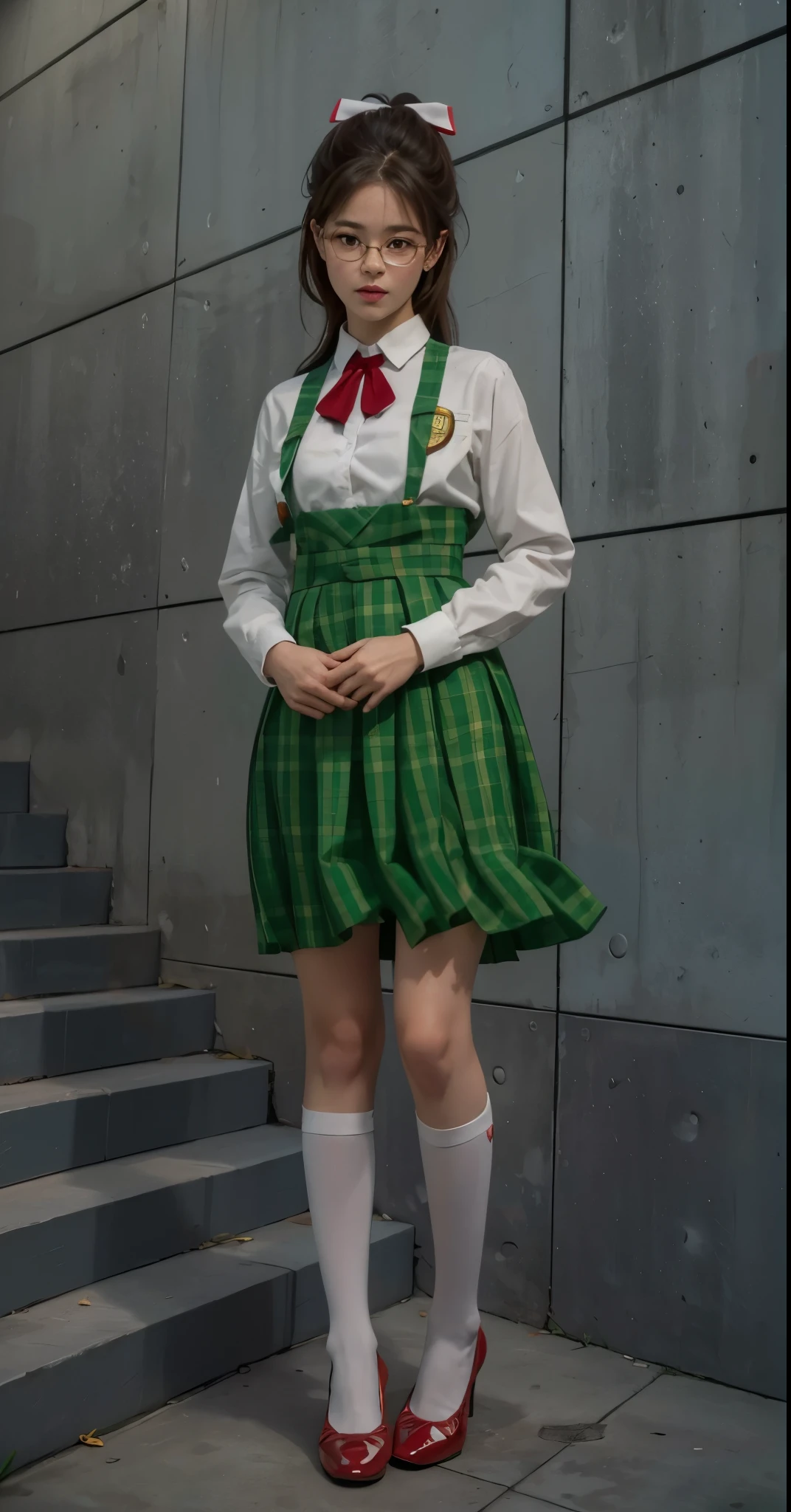 Real life adaption of this character, beauty American teen girl face, realistic same hair, eyes looking to camera,detail eyes,realistic same outfit , wear realistic same glasses,red tie,ribbon on head,realistic same uniform,with same pattern, realistic same skirt, realistic same shoes, realistic background, realistic light, realistic shadow, realism, hyper realistic,(photorealistic 1:2),high definition,detail,4k