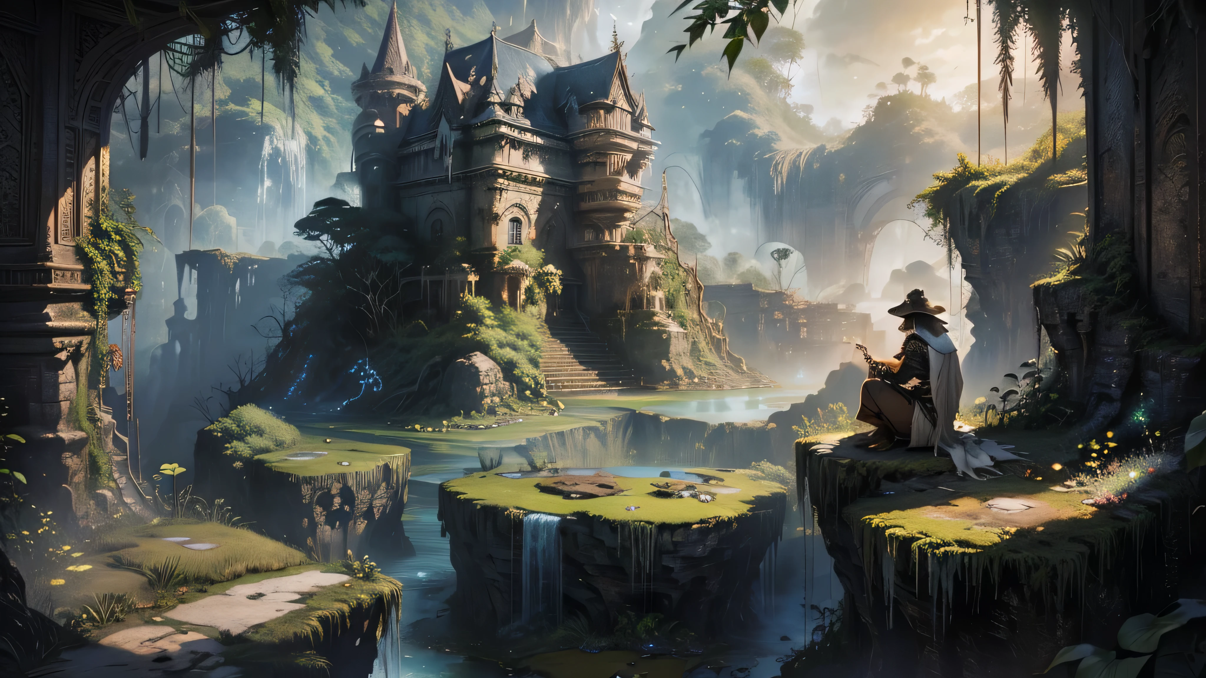 There is a waterfall in the middle of a tropical jungle, bela fantasia detalhada, fantasia altamente detalhada, fantasy scenic, arte digital de fantasia detalhada, Arte digital de fantasia 2D, arte digital detalhada de fantasia 2D, impressive paisagem de fantasia, fantasy pictorial style, arte estilo fantasia, medieval paisagem de fantasia, paisagem de fantasia, realistic fantasy illustration, Arte de fantasia 4k, cidade de fantasia