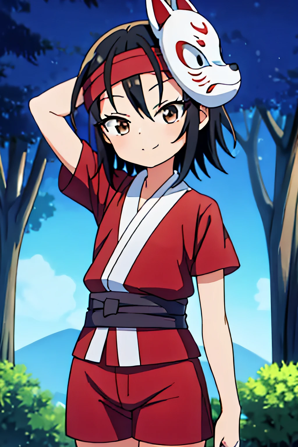 kunoichi_rindou, brown eyes, black hair, short hair, red kimono, short sleeves, white shorts, red headband, fox mask, mask on head, anime, closed mouth, solo, cowboy shot, night sky, forest, {arms behind head}, contrapposto, shy smile, spread armpits